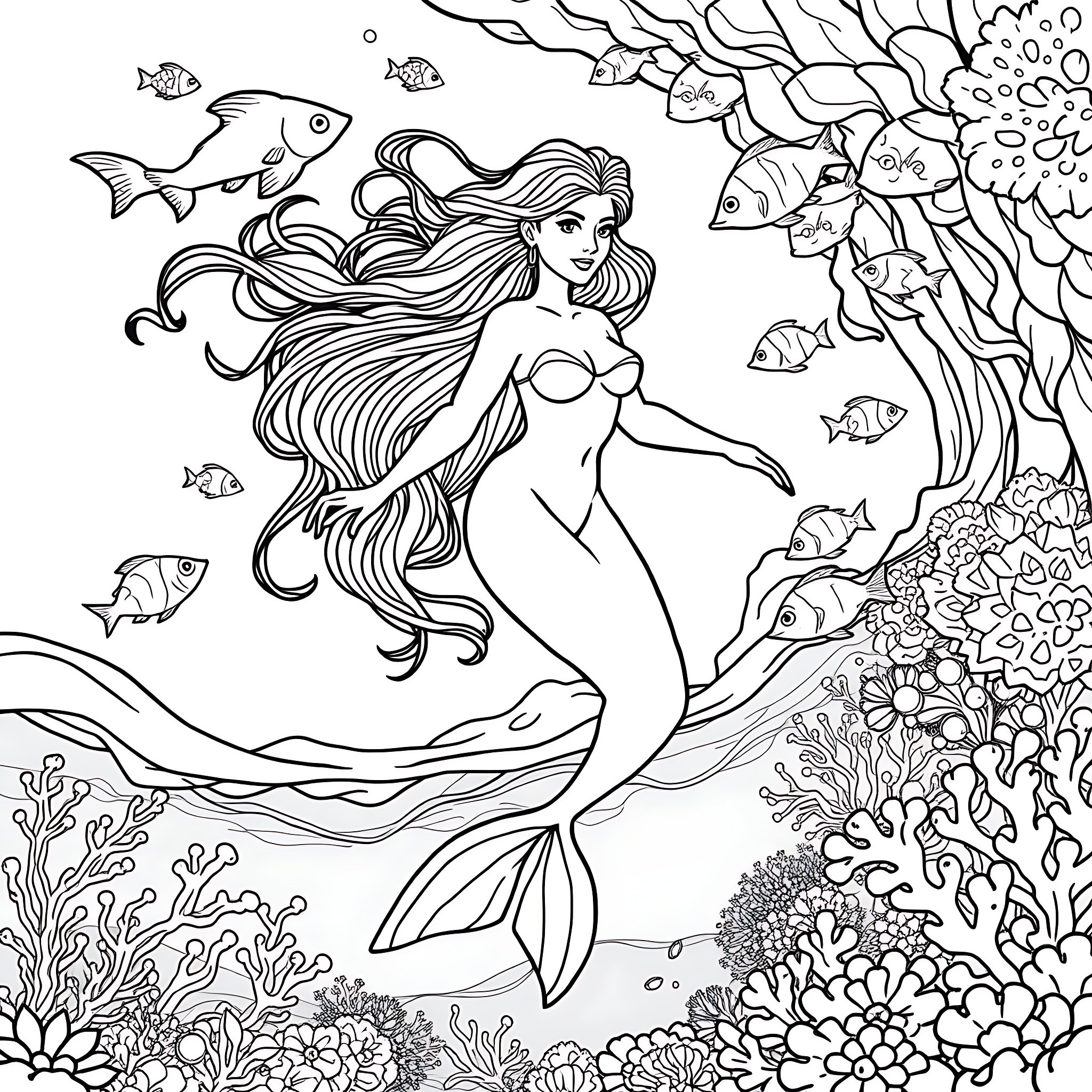 Nereid swimming gracefully in the enchanting underwater realm Coloring Page (free black-and-white line drawing printable PDF for all, from beginners to advanced learners, including children, teens, adults, and seniors)