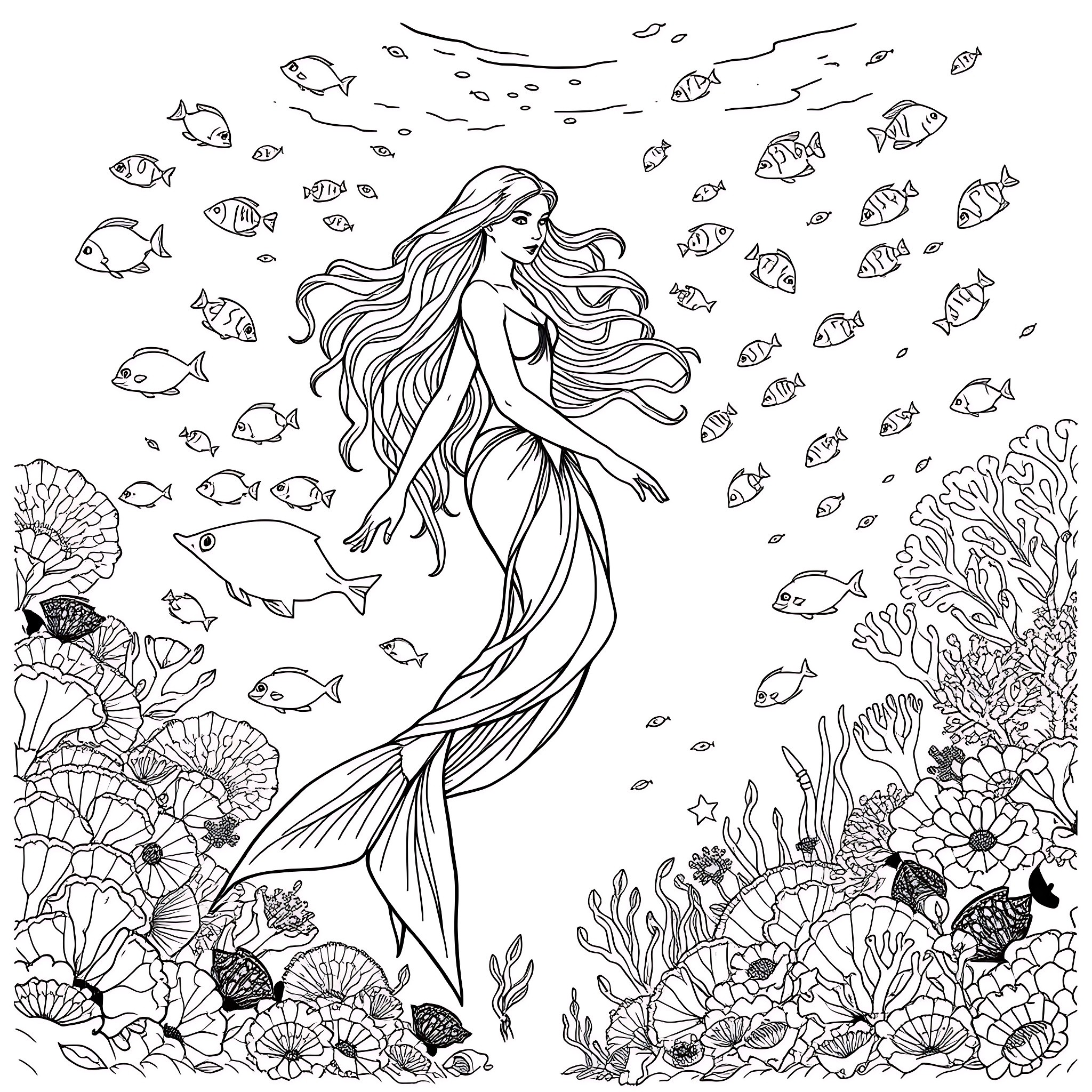 Nereid swimming gracefully among underwater flora and fauna Coloring Page (free black-and-white line drawing printable PDF for all, from beginners to advanced learners, including children, teens, adults, and seniors)