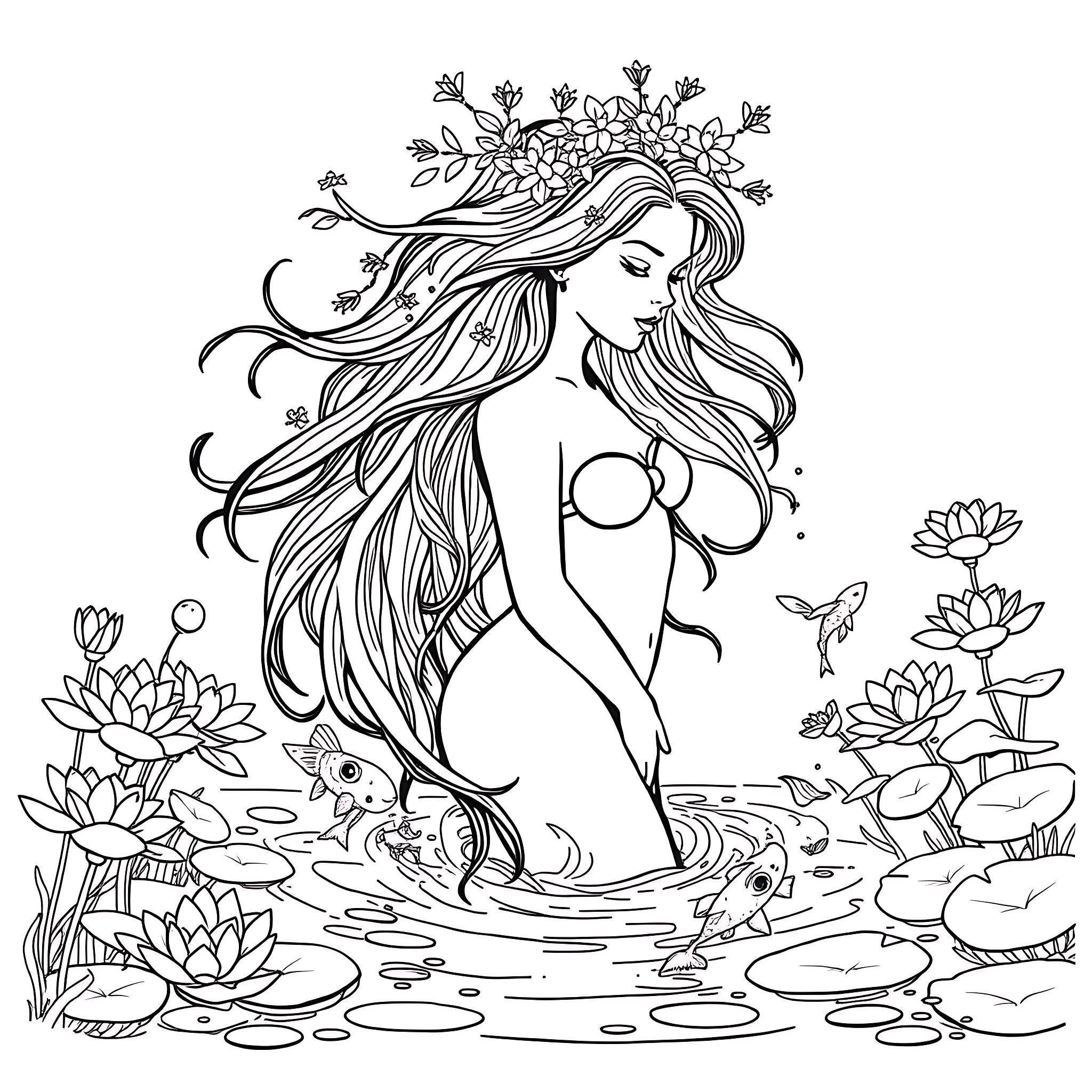 Naiad bathing amidst flowers and nature Coloring Page (free black-and-white line drawing printable PDF for all, from beginners to advanced learners, including children, teens, adults, and seniors)