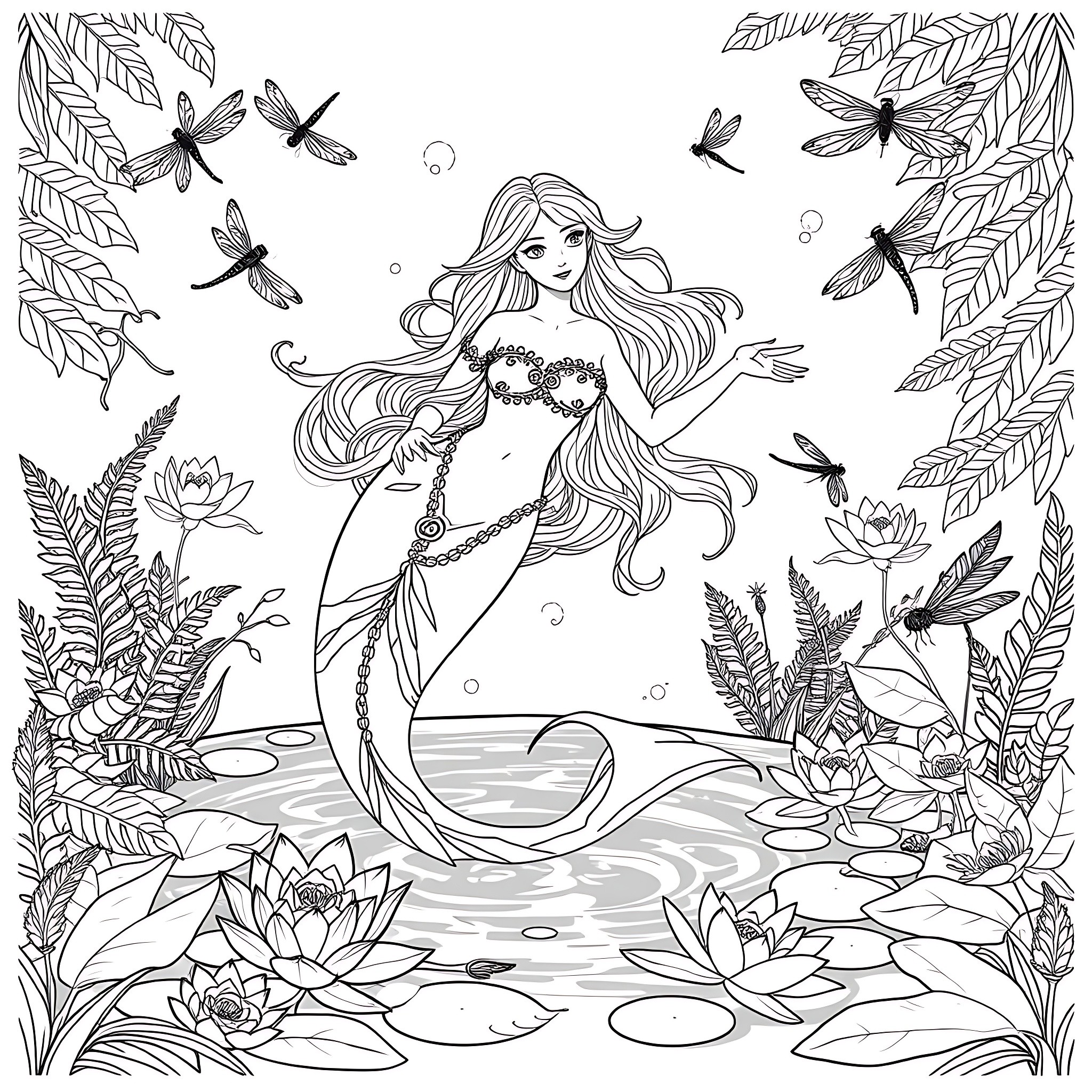 Naiad surrounded by mystical flora and fauna Coloring Page (free black-and-white line drawing printable PDF for all, from beginners to advanced learners, including children, teens, adults, and seniors)