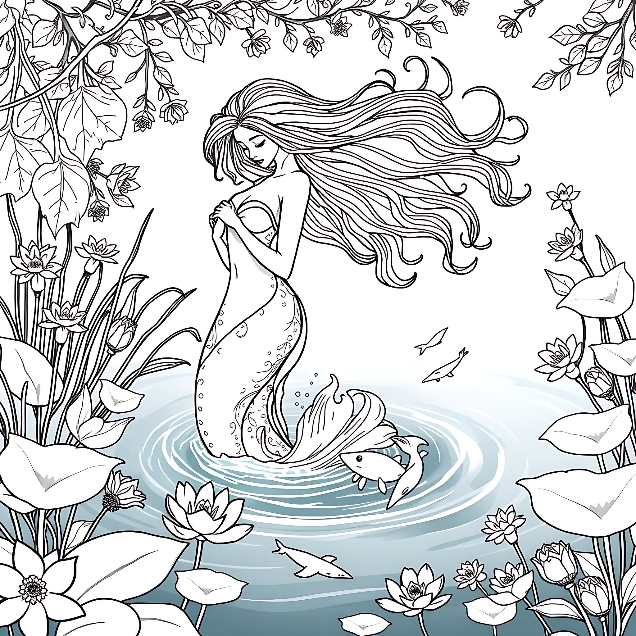 Naiad - Mermaid in Lotus Pond Coloring Page (free black-and-white line drawing printable PDF for all, from beginners to advanced learners, including children, teens, adults, and seniors)