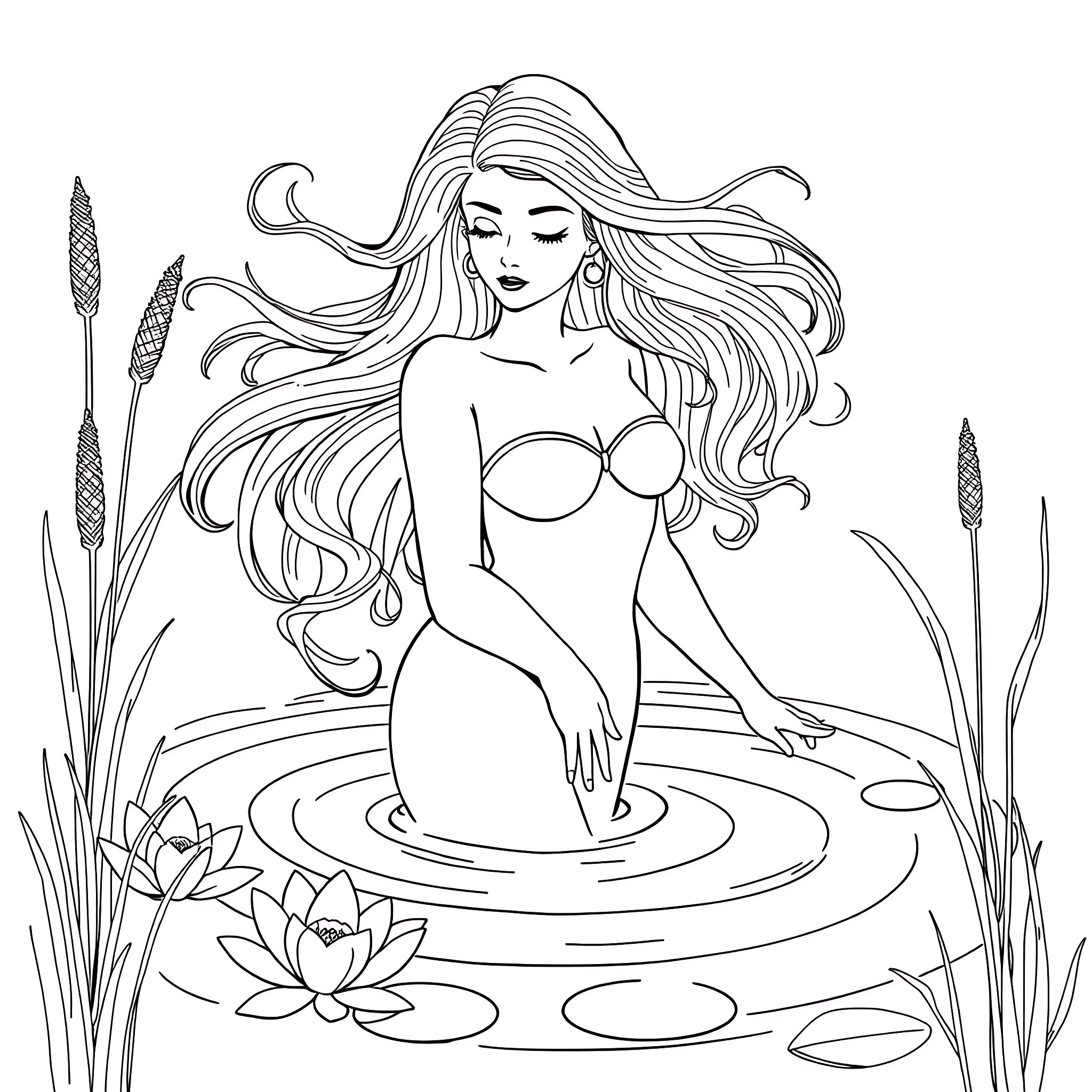 Naiad maiden resting in the enchanted lake Coloring Page (free black-and-white line drawing printable PDF for all, from beginners to advanced learners, including children, teens, adults, and seniors)