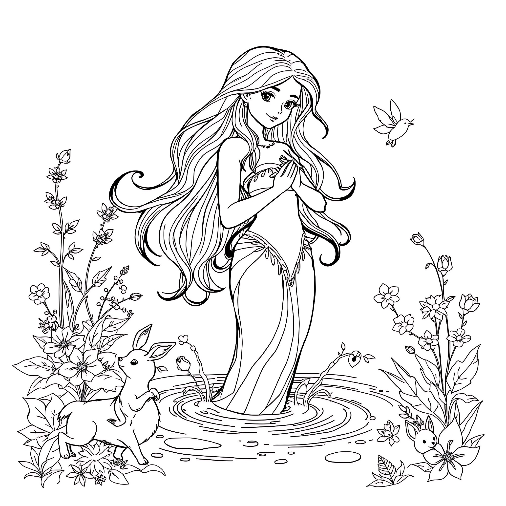 Naiad in a Magical Floral Garden Coloring Page (free black-and-white line drawing printable PDF for all, from beginners to advanced learners, including children, teens, adults, and seniors)