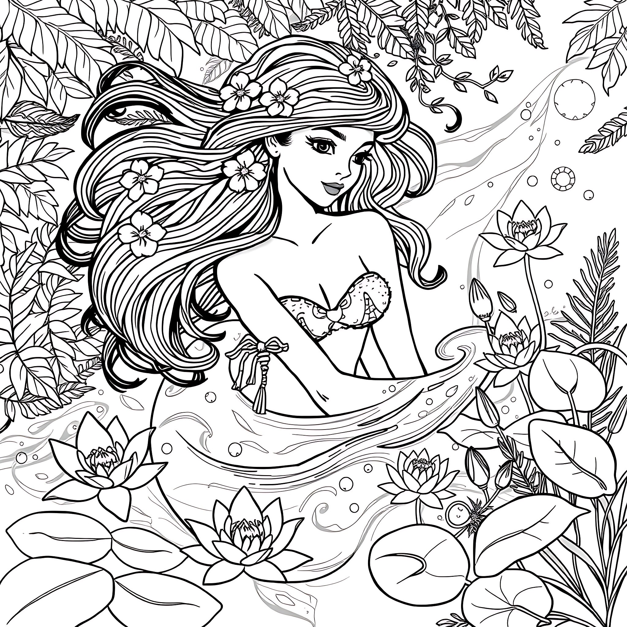 Naiad swimming gracefully in a lush, floral underwater scene Coloring Page (free black-and-white line drawing printable PDF for all, from beginners to advanced learners, including children, teens, adults, and seniors)
