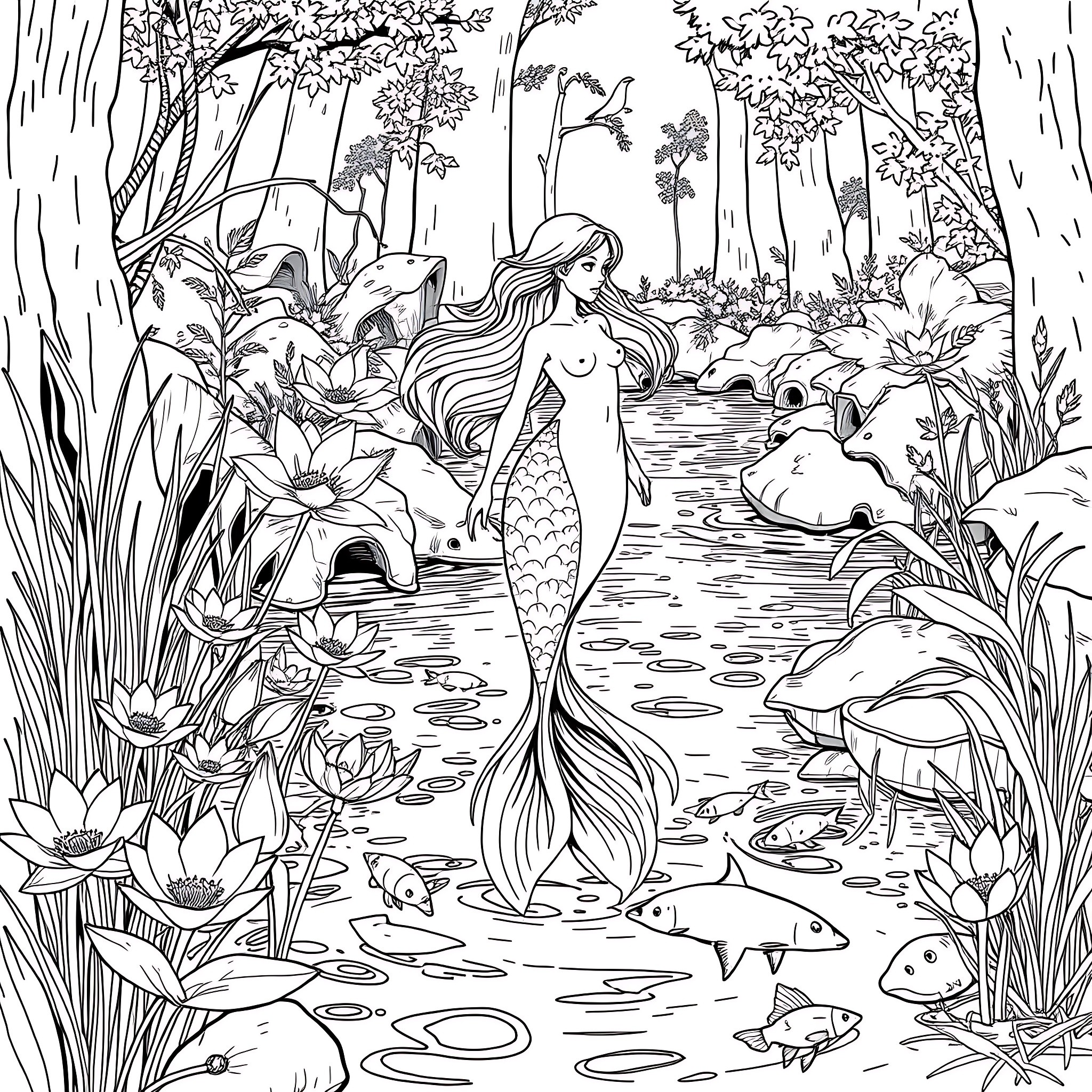Naiad swimming in the enchanted forest pond Coloring Page (free black-and-white line drawing printable PDF for all, from beginners to advanced learners, including children, teens, adults, and seniors)