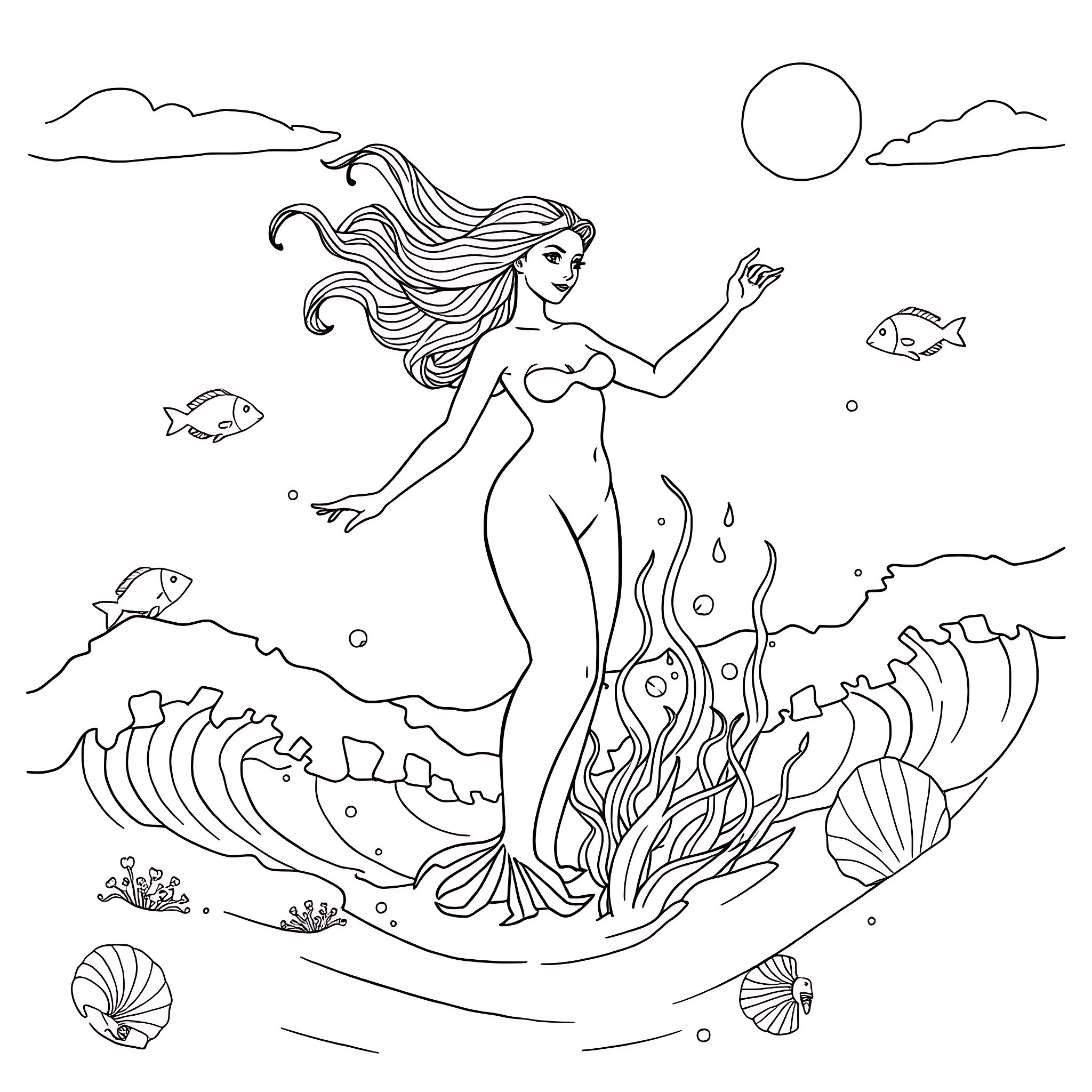 Nereid swimming gracefully in the sea Coloring Page (free black-and-white line drawing printable PDF for all, from beginners to advanced learners, including children, teens, adults, and seniors)