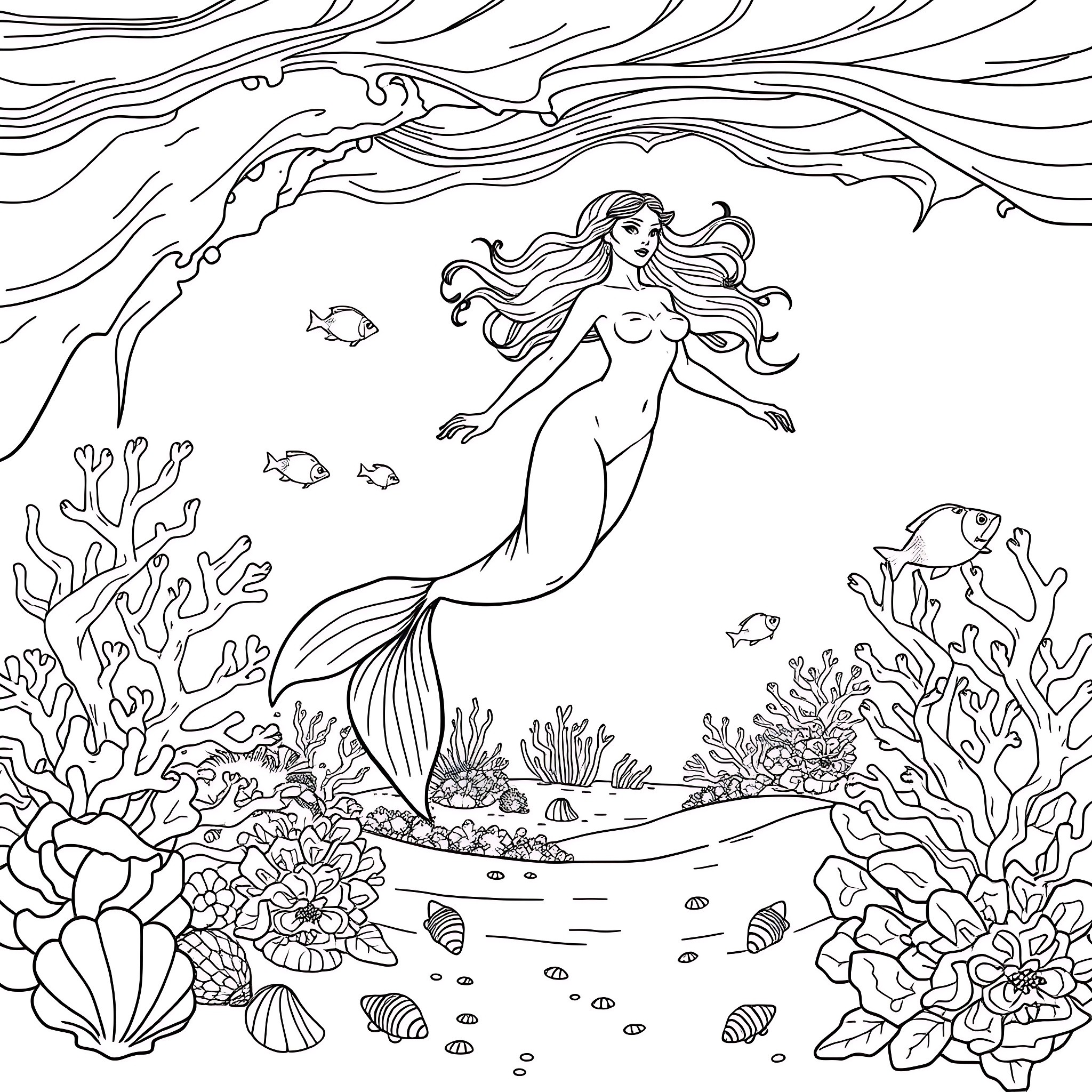 Nereid swimming gracefully through the underwater coral reef Coloring Page (free black-and-white line drawing printable PDF for all, from beginners to advanced learners, including children, teens, adults, and seniors)