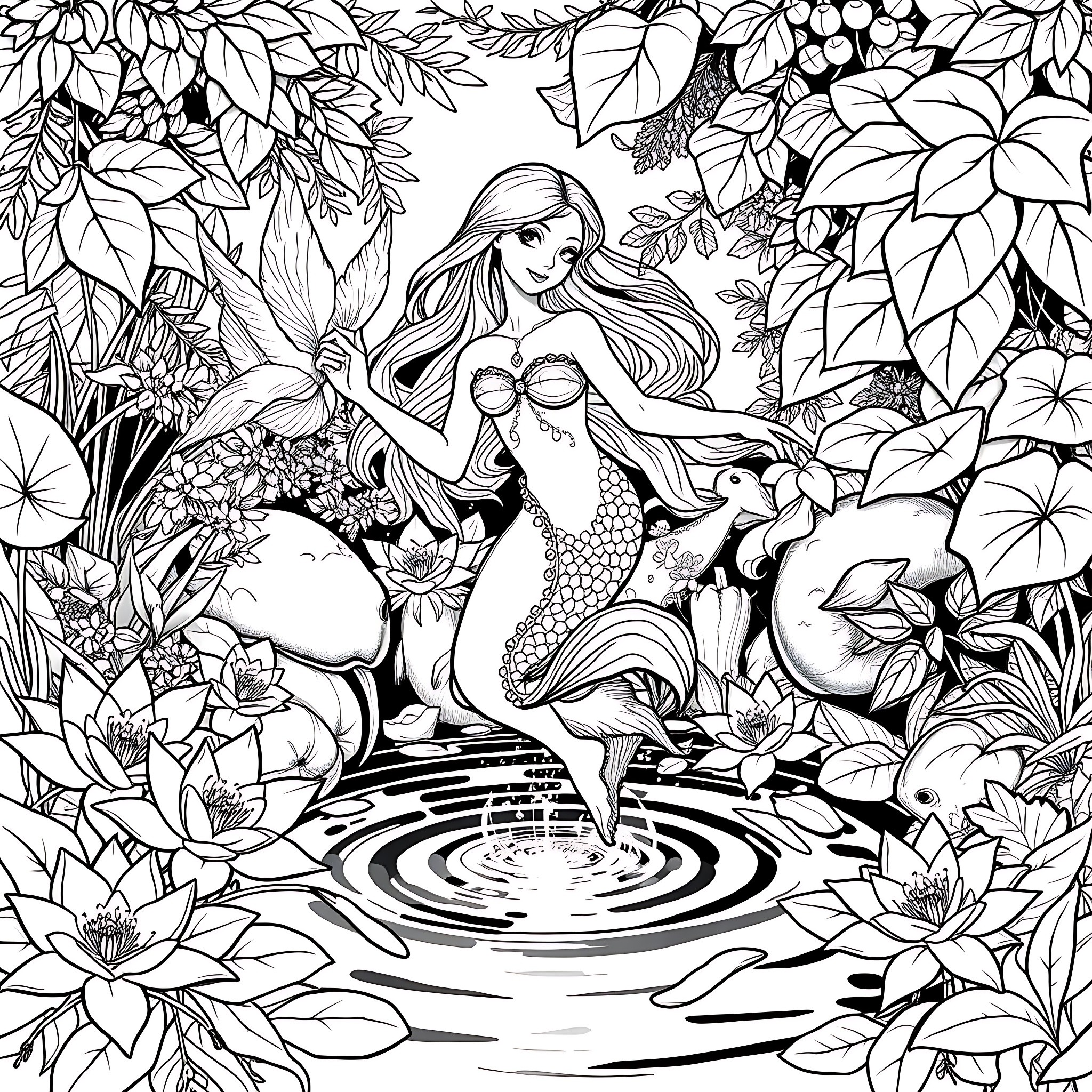 Naiad surrounded by nature's wonders Coloring Page (free black-and-white line drawing printable PDF for all, from beginners to advanced learners, including children, teens, adults, and seniors)
