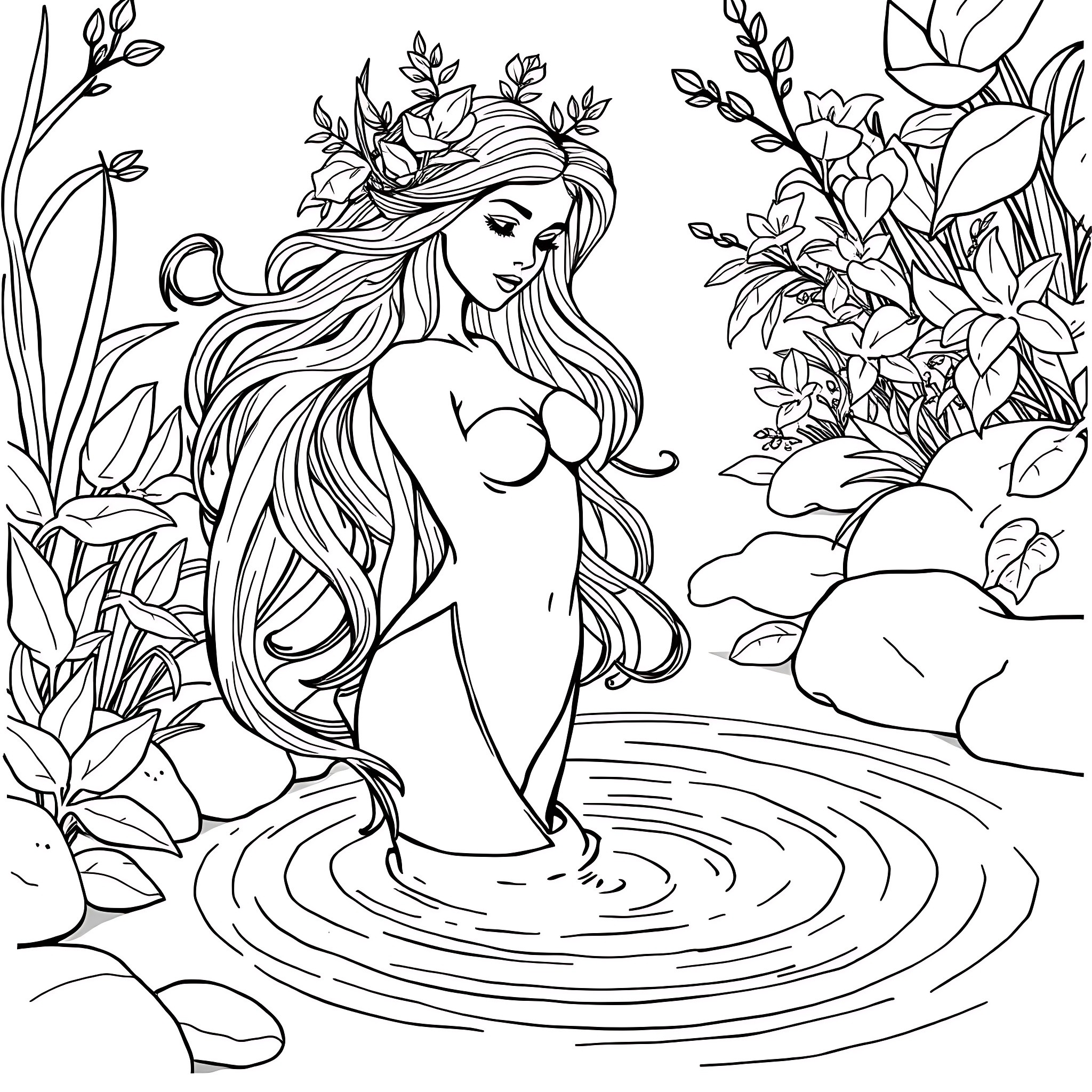 Naiad of the Enchanted Garden Coloring Page (free black-and-white line drawing printable PDF for all, from beginners to advanced learners, including children, teens, adults, and seniors)