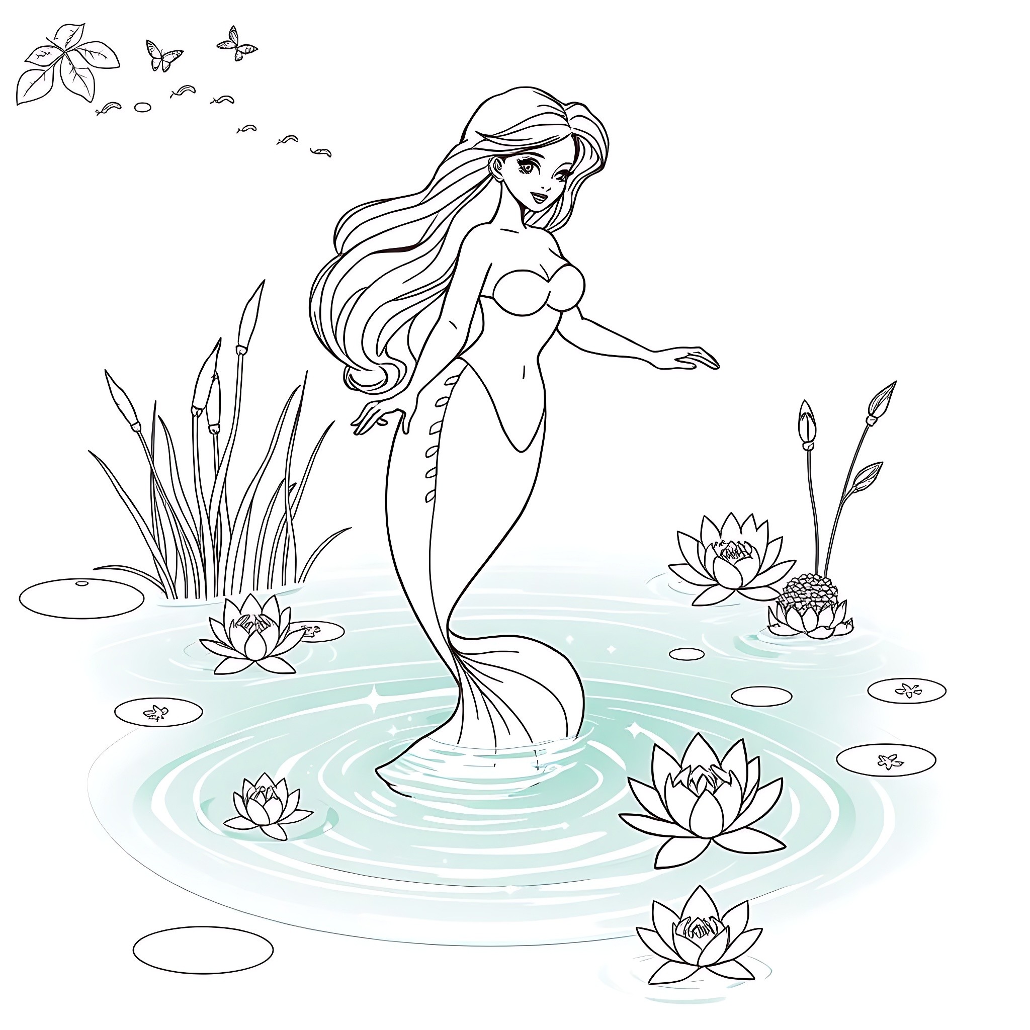 Naiad frolicking among water lilies and butterflies Coloring Page (free black-and-white line drawing printable PDF for all, from beginners to advanced learners, including children, teens, adults, and seniors)