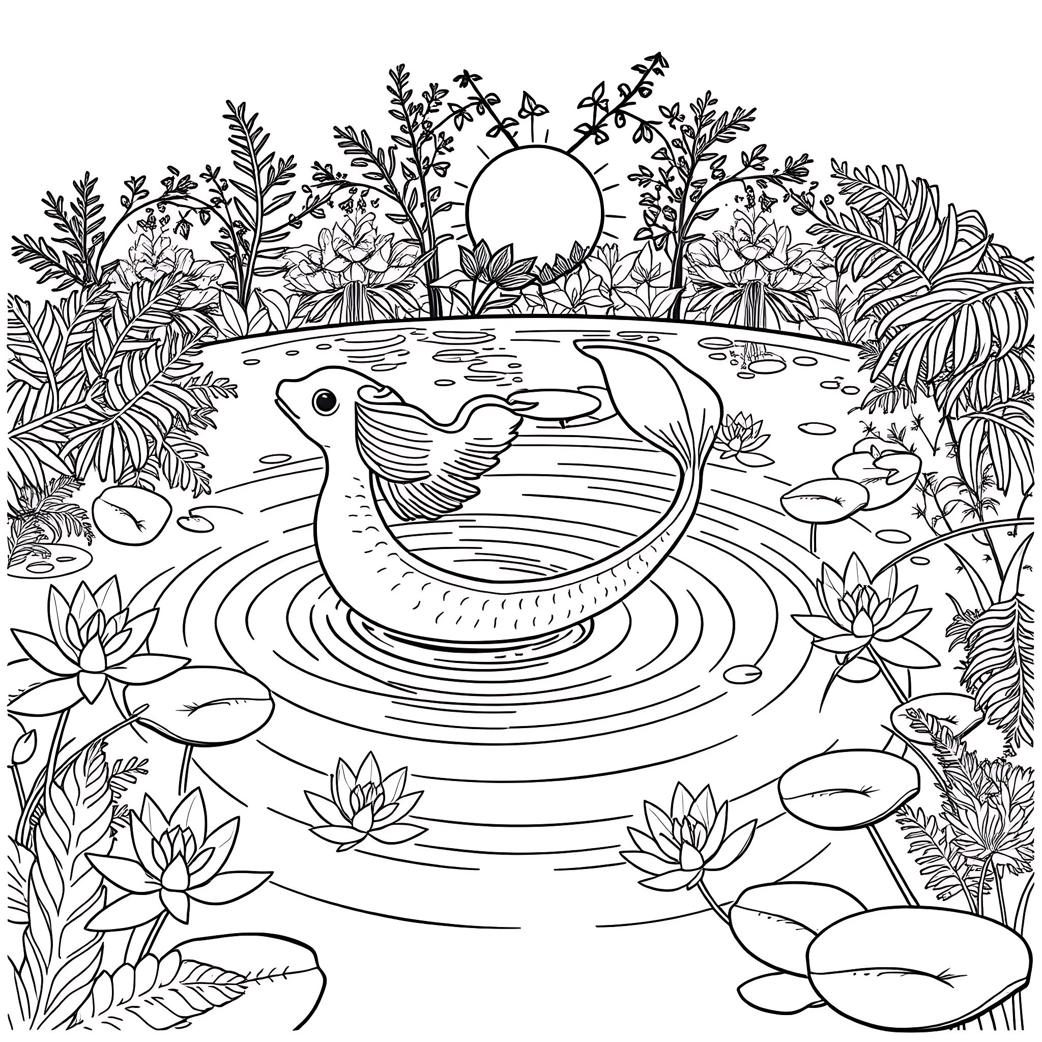 Naiad floating amidst lush aquatic flora Coloring Page (free black-and-white line drawing printable PDF for all, from beginners to advanced learners, including children, teens, adults, and seniors)