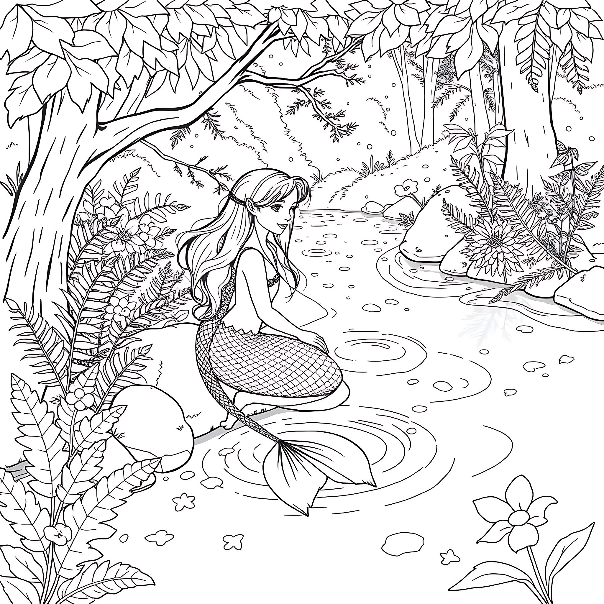 Naiad relaxing by the tranquil forest stream Coloring Page (free black-and-white line drawing printable PDF for all, from beginners to advanced learners, including children, teens, adults, and seniors)