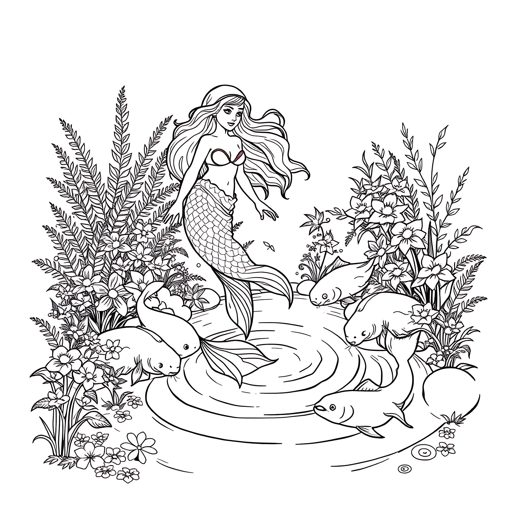 Naiad surrounded by marine life in a floral paradise Coloring Page (free black-and-white line drawing printable PDF for all, from beginners to advanced learners, including children, teens, adults, and seniors)