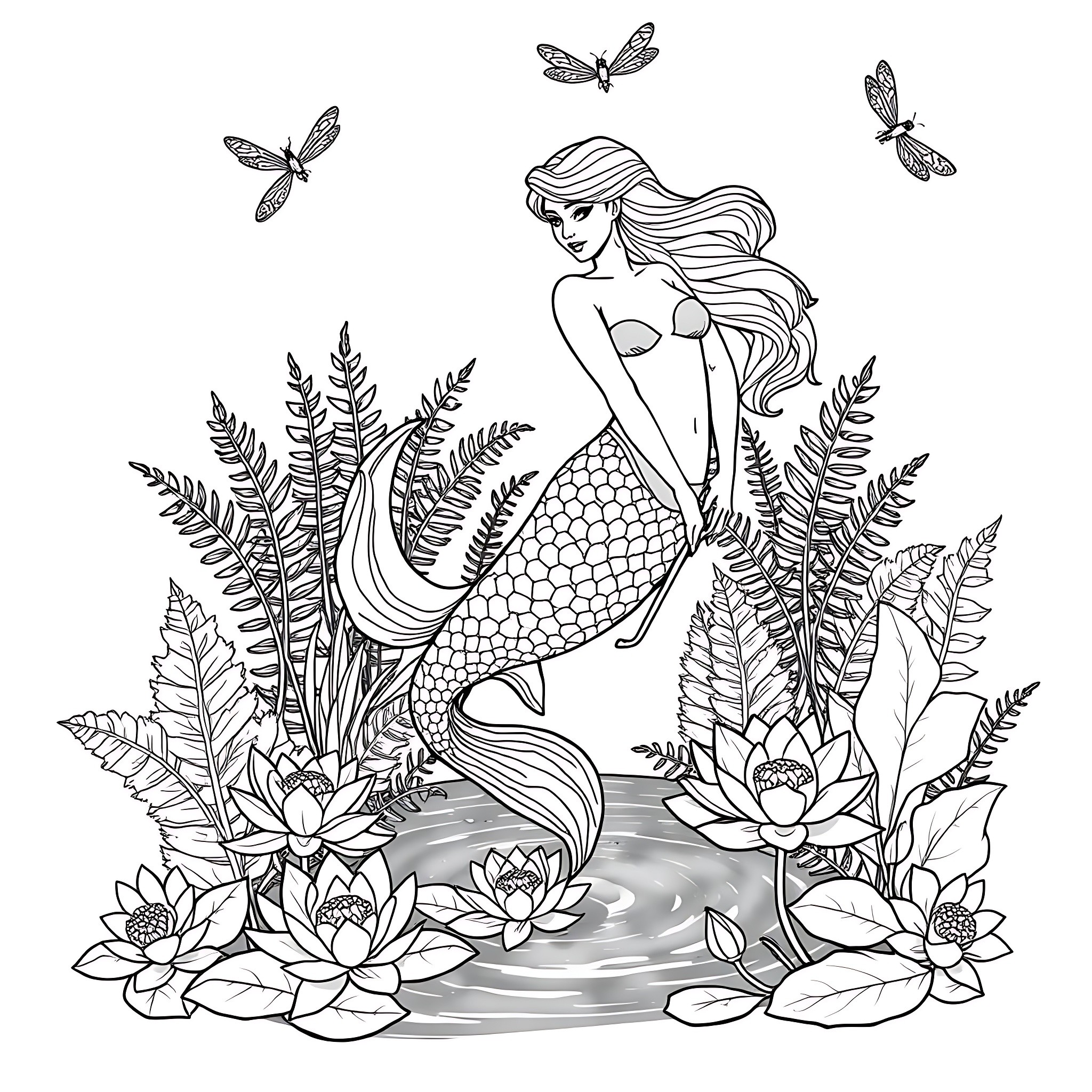 Naiad surrounded by aquatic flora and fauna Coloring Page (free black-and-white line drawing printable PDF for all, from beginners to advanced learners, including children, teens, adults, and seniors)