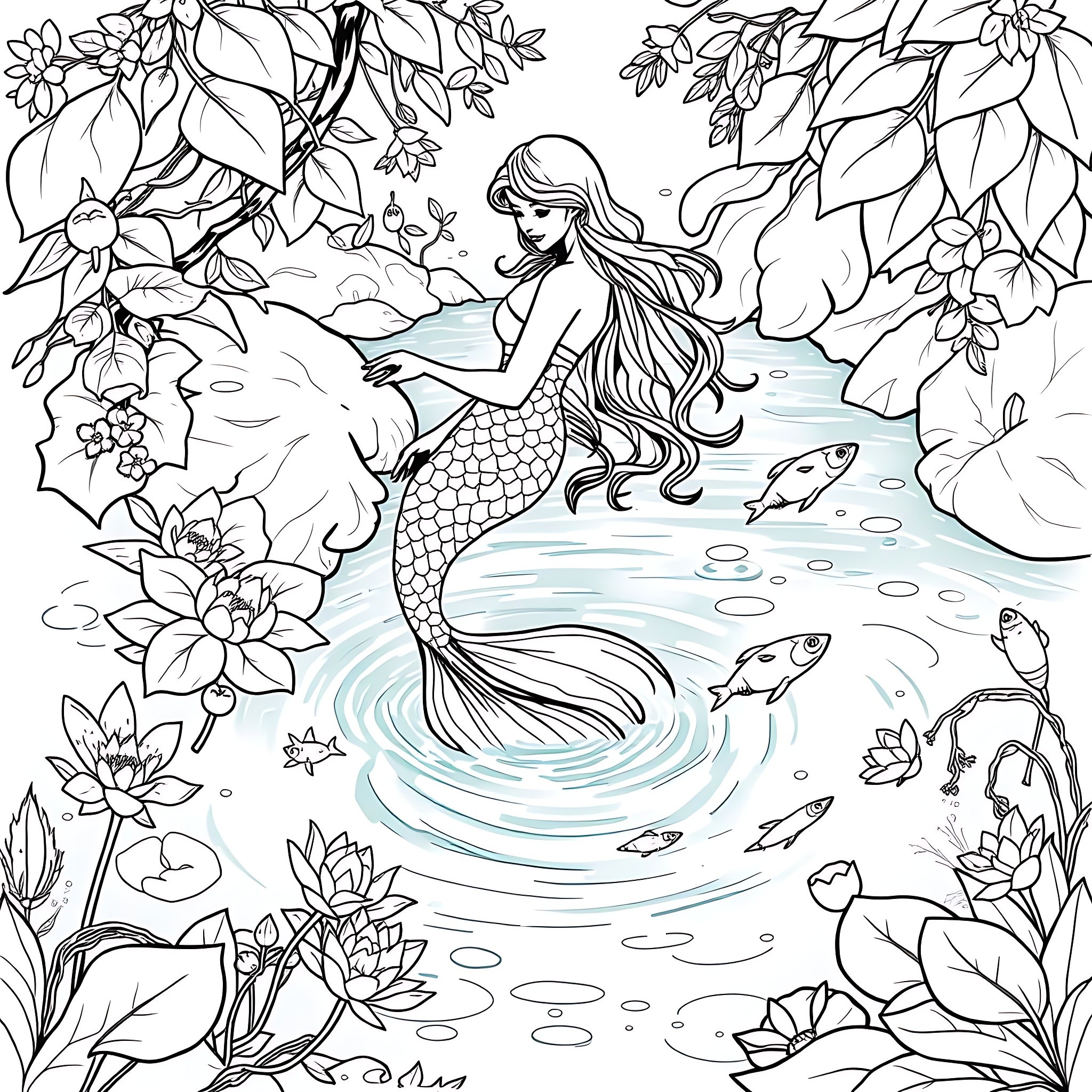 Naiad - Mermaid enchanted by nature's beauty Coloring Page (free black-and-white line drawing printable PDF for all, from beginners to advanced learners, including children, teens, adults, and seniors)