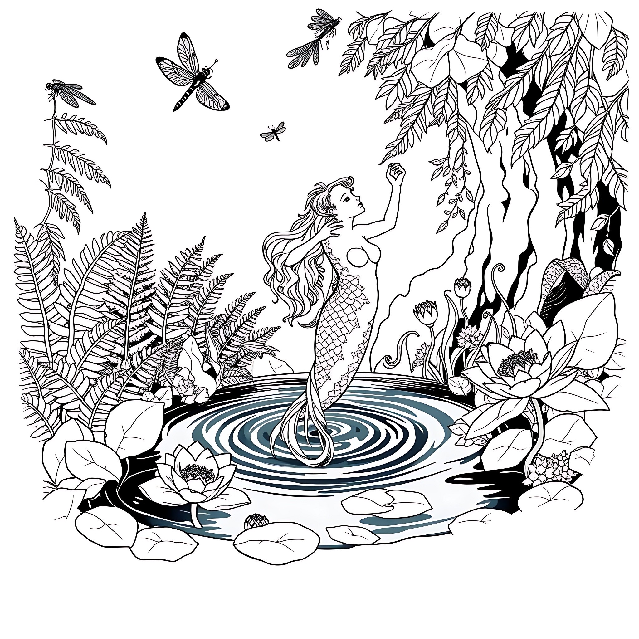 Naiad swimming gracefully in a lush, nature-filled pond Coloring Page (free black-and-white line drawing printable PDF for all, from beginners to advanced learners, including children, teens, adults, and seniors)