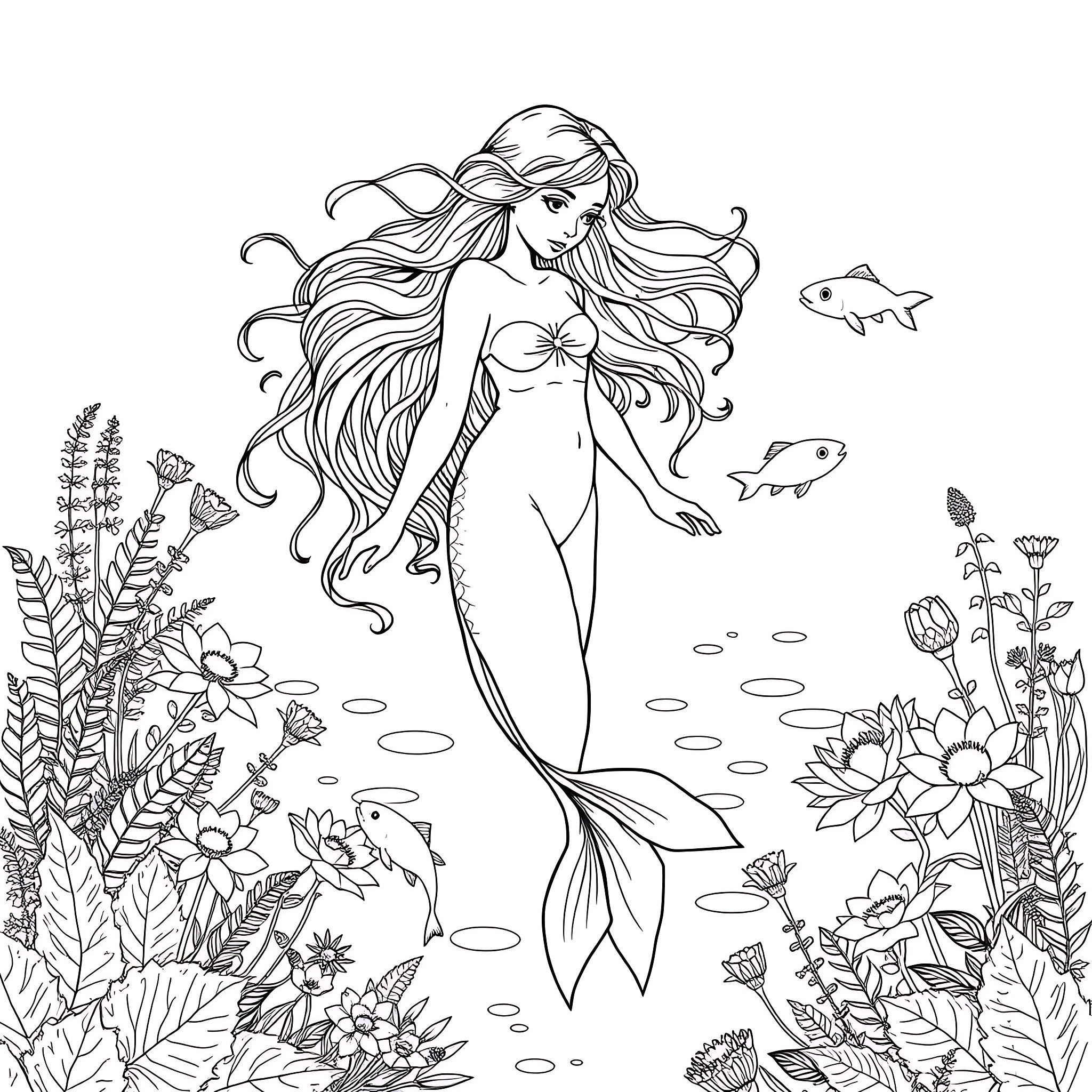 Naiad's Underwater Garden Coloring Page (free black-and-white line drawing printable PDF for all, from beginners to advanced learners, including children, teens, adults, and seniors)