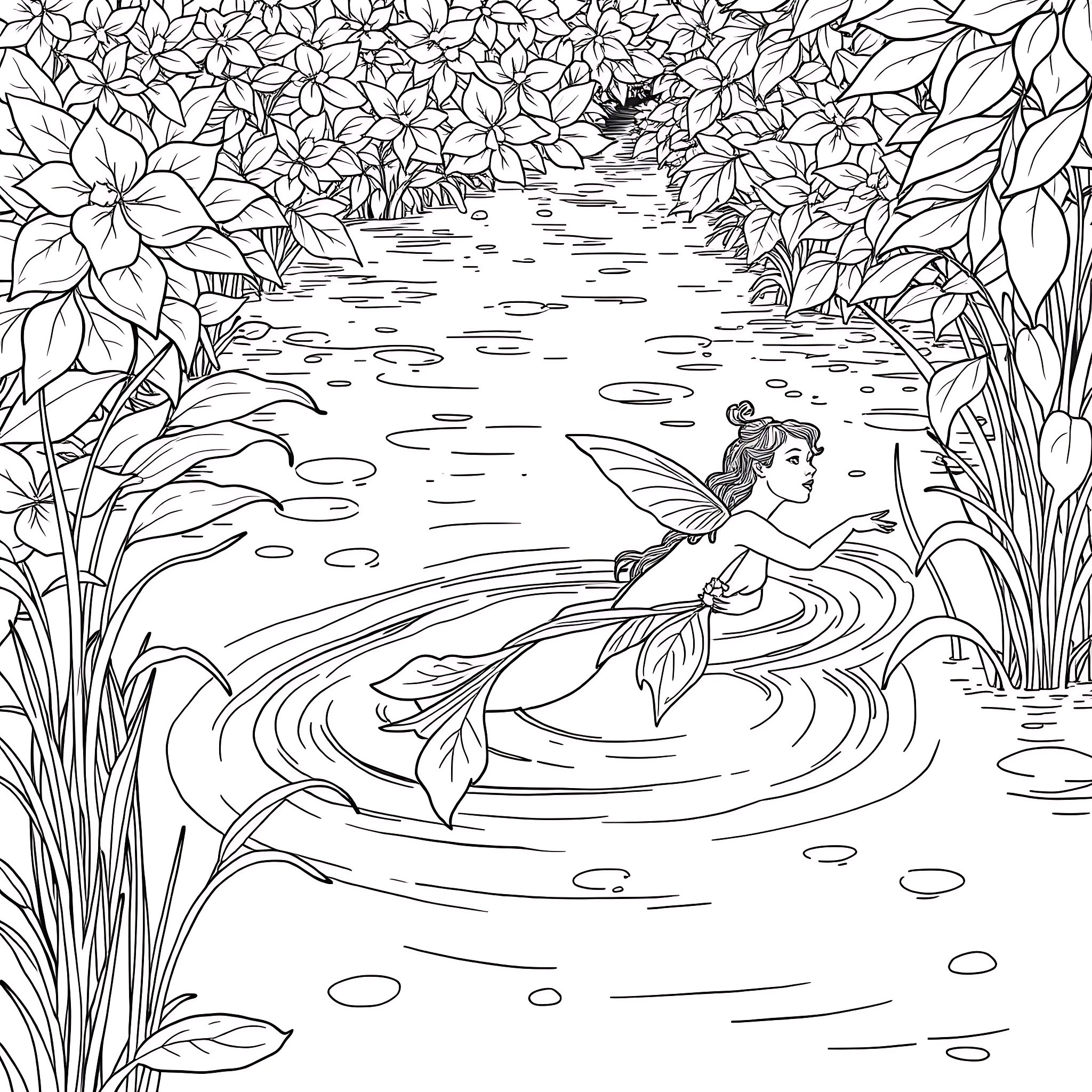Naiad swims gracefully through the enchanted pond Coloring Page (free black-and-white line drawing printable PDF for all, from beginners to advanced learners, including children, teens, adults, and seniors)