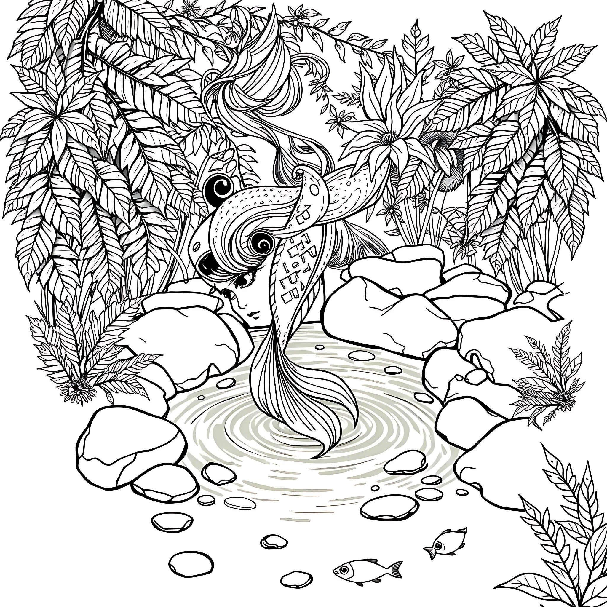 Naiad Swimming in Lush Forest Pond Coloring Page (free black-and-white line drawing printable PDF for all, from beginners to advanced learners, including children, teens, adults, and seniors)