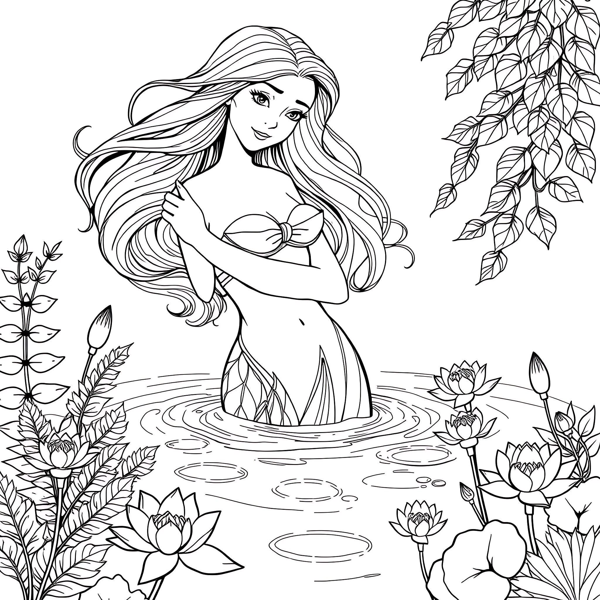 Naiad bathing amidst the tranquil waters and lush foliage Coloring Page (free black-and-white line drawing printable PDF for all, from beginners to advanced learners, including children, teens, adults, and seniors)