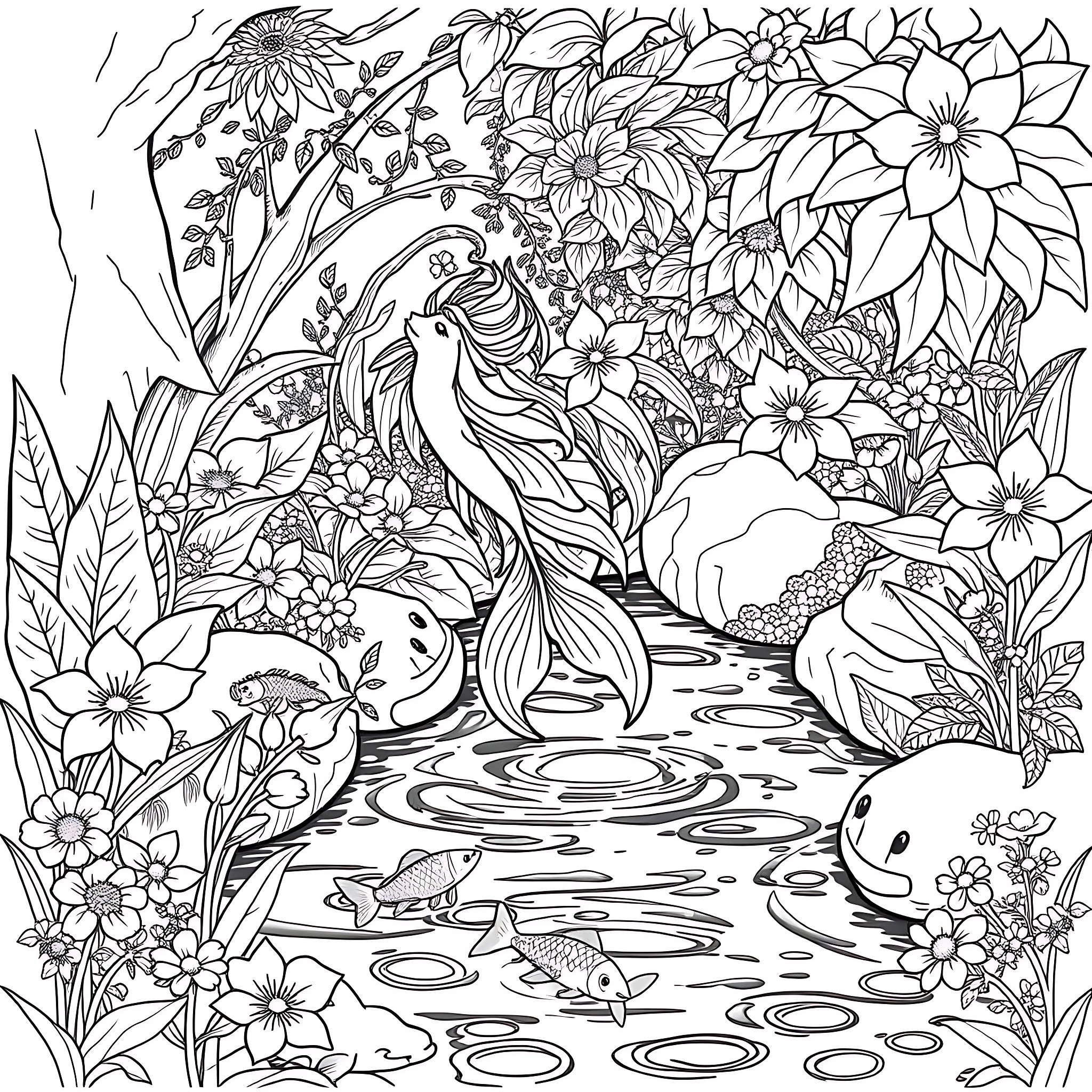 Naiad swimming amidst a vibrant floral landscape Coloring Page (free black-and-white line drawing printable PDF for all, from beginners to advanced learners, including children, teens, adults, and seniors)