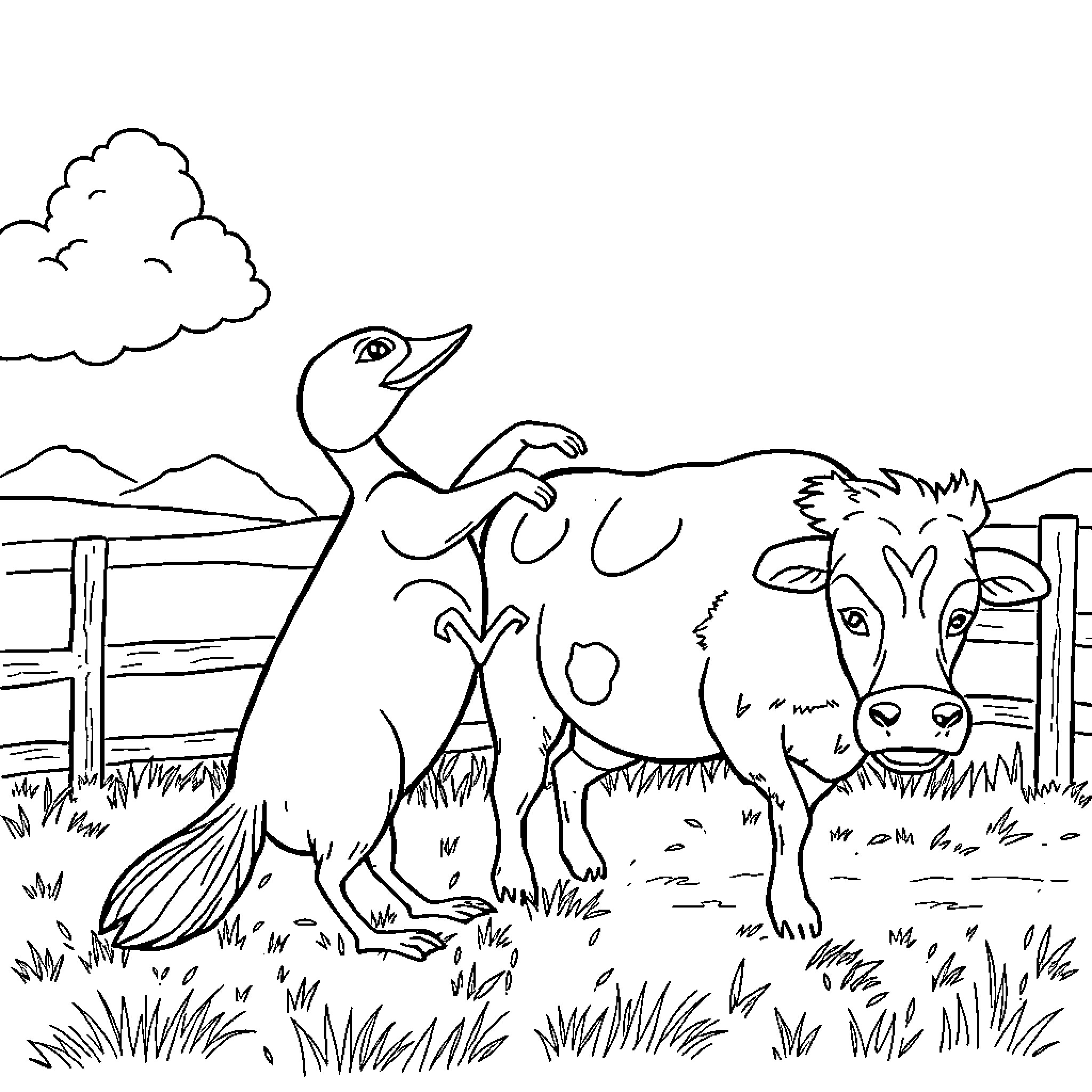 Canard farm animals grazing in rural field Coloring Page (free black-and-white line drawing printable PDF for all, from beginners to advanced learners, including children, teens, adults, and seniors)