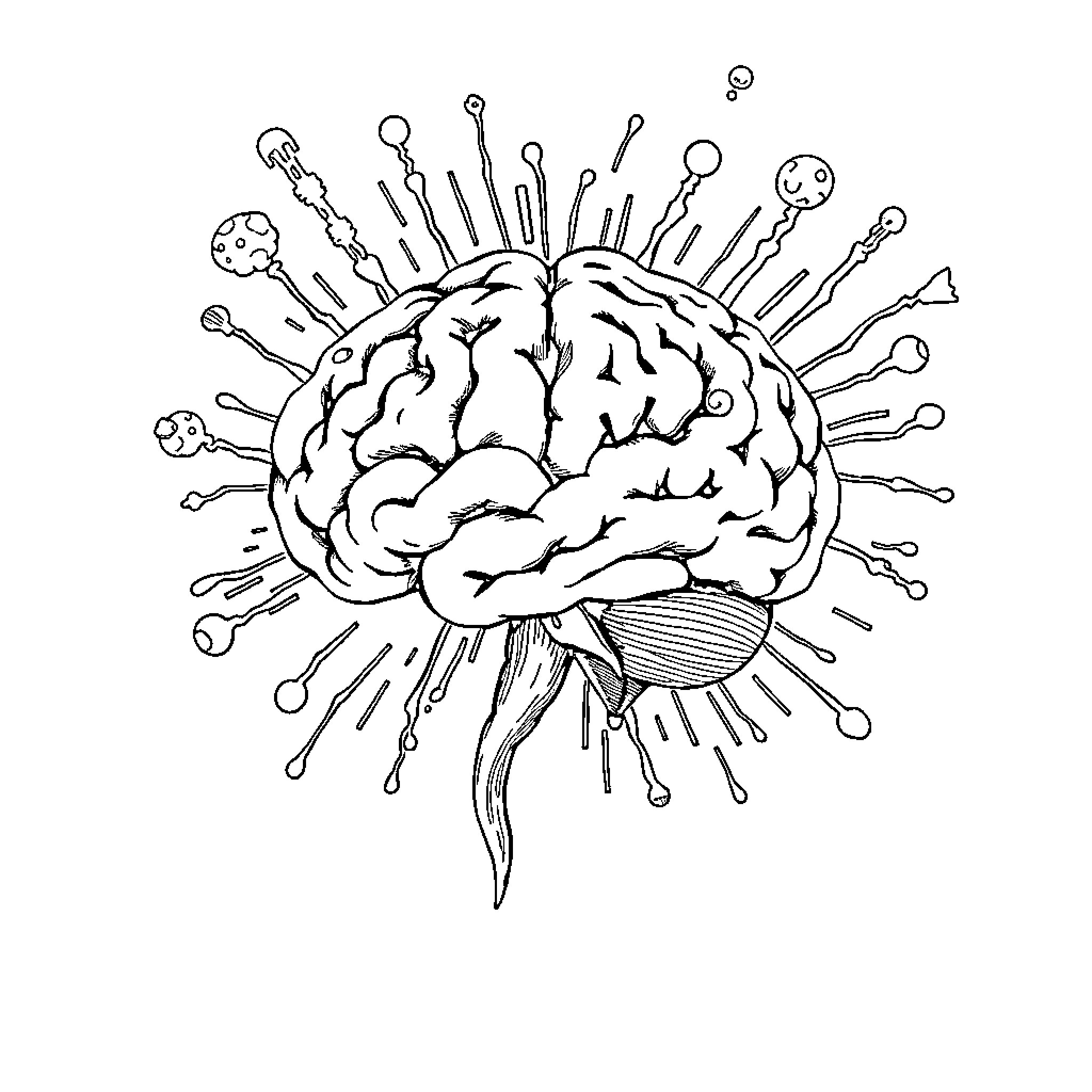 Brain Bursting with Ideas and Inspiration Coloring Page (free black-and-white line drawing printable PDF for all, from beginners to advanced learners, including children, teens, adults, and seniors)