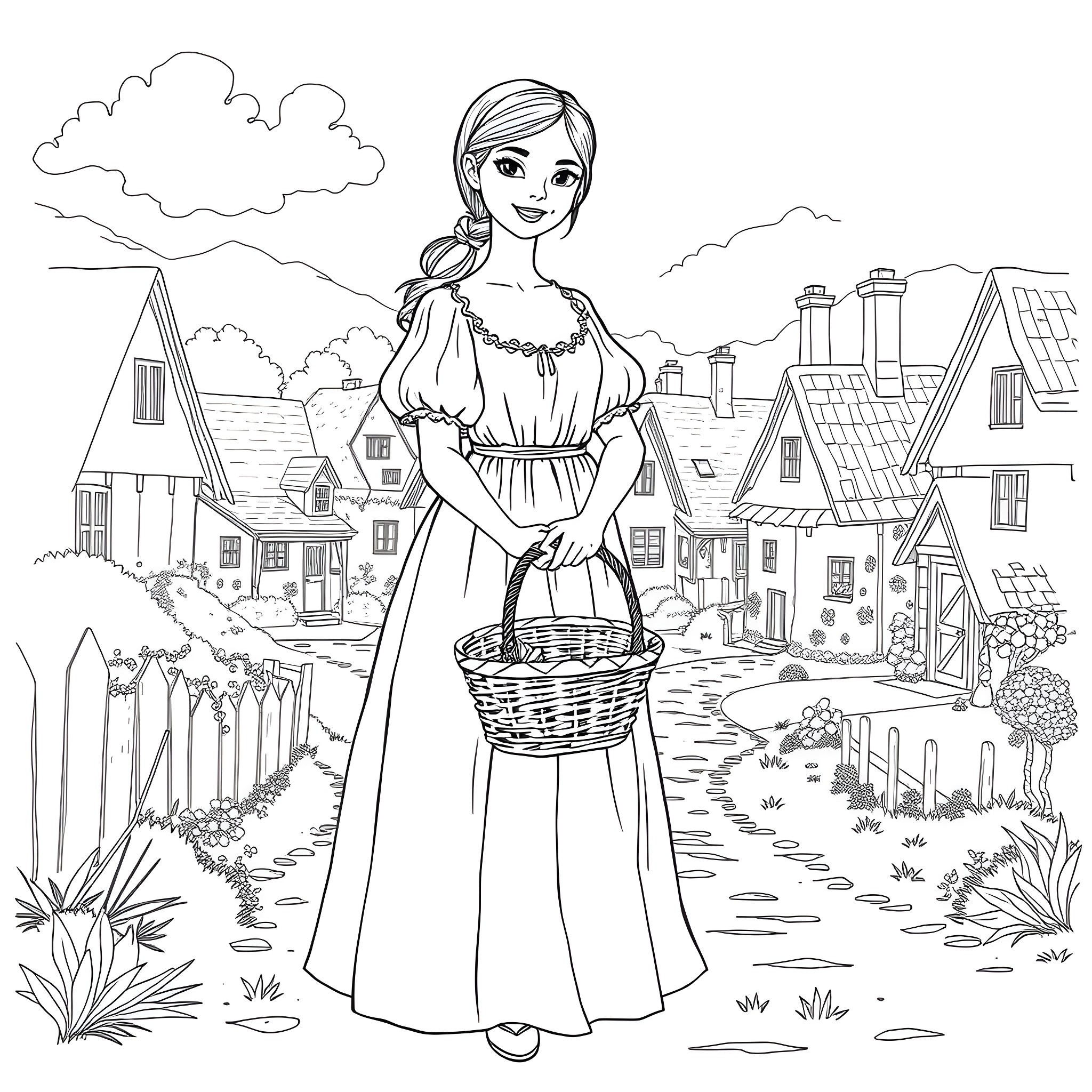 Colonial Girl in Quaint Village Scene Coloring Page (free black-and-white line drawing printable PDF for all, from beginners to advanced learners, including children, teens, adults, and seniors)