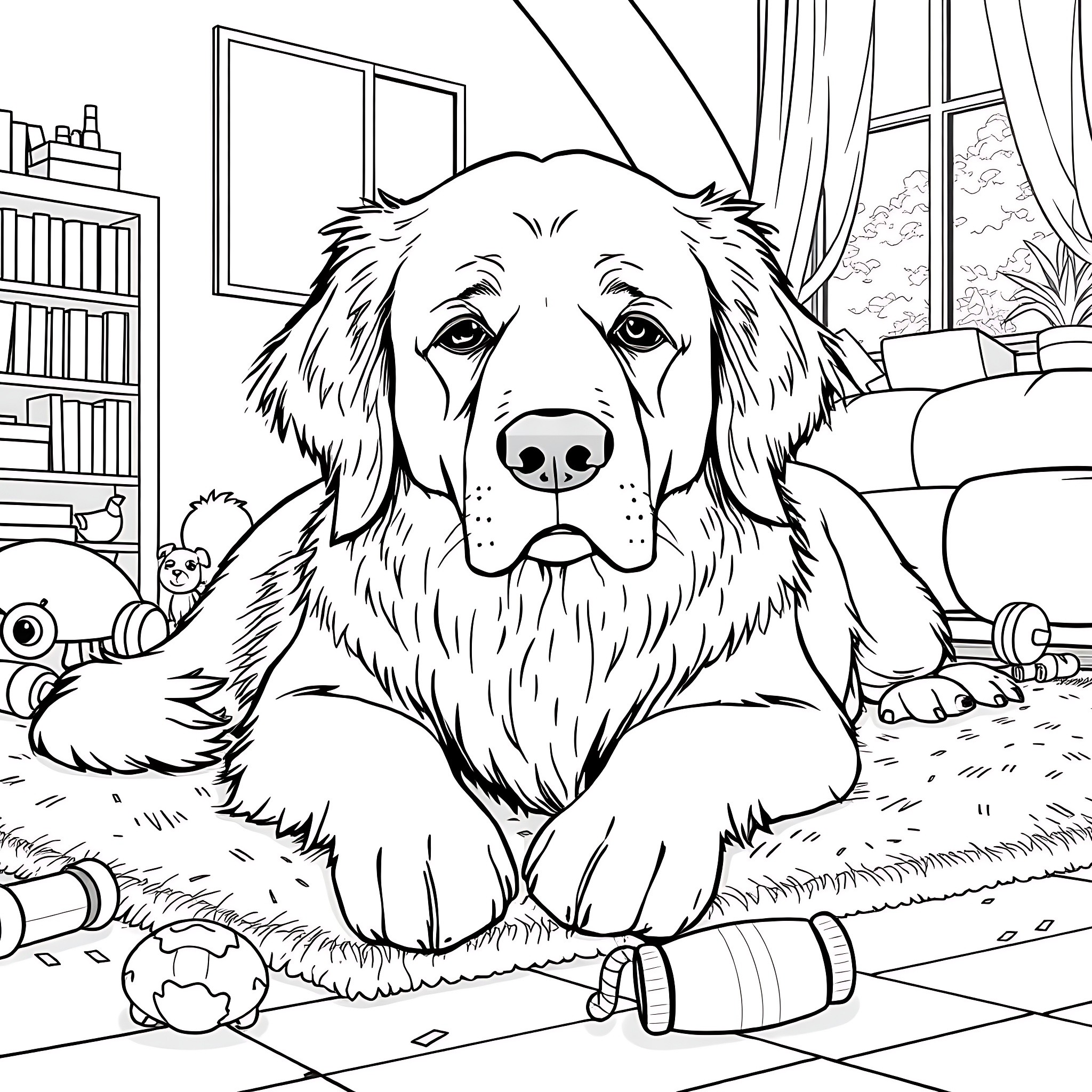 Golden Retriever relaxing in cozy living room Coloring Page (free black-and-white line drawing printable PDF for all, from beginners to advanced learners, including children, teens, adults, and seniors)