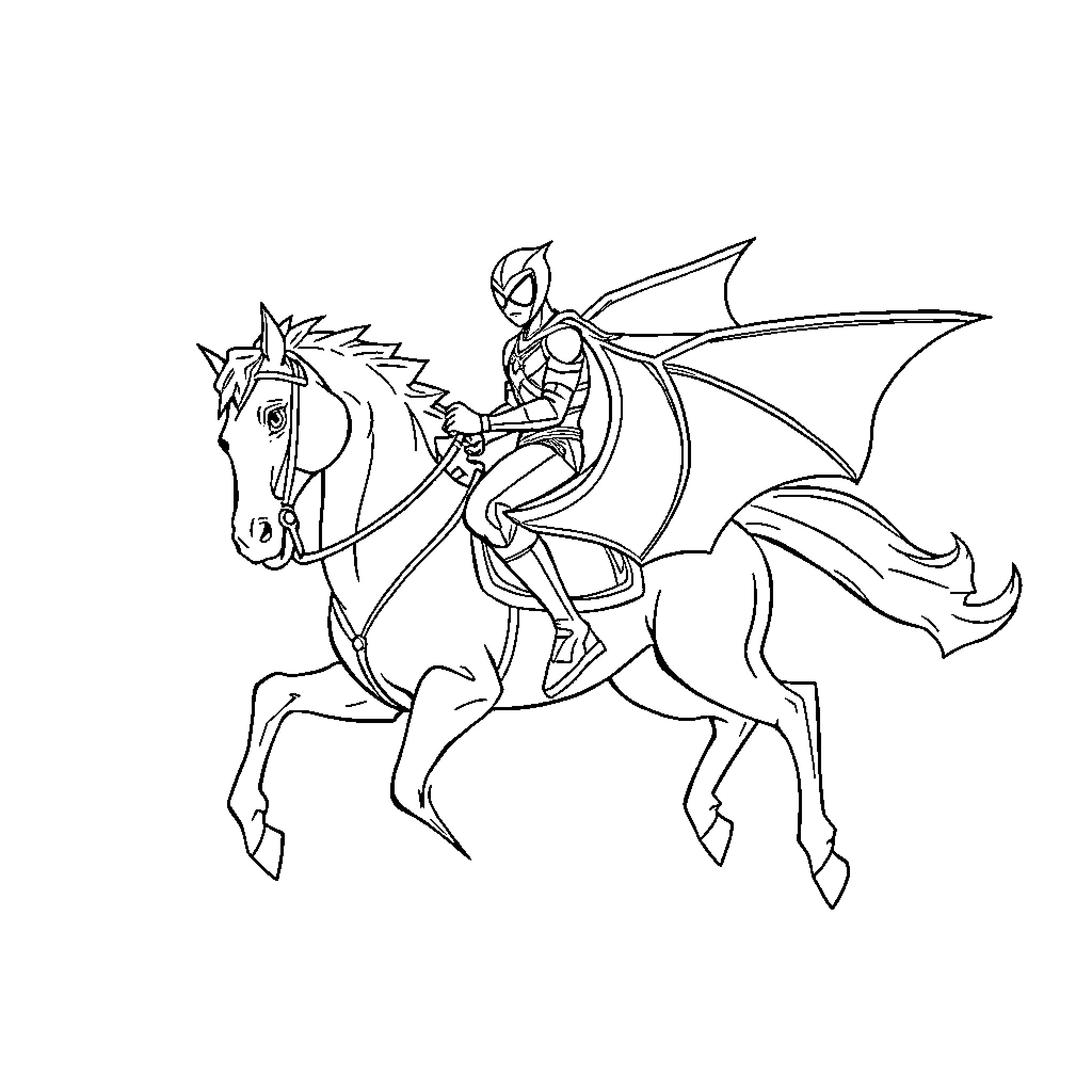 Homem-Aranha riding a winged horse in action Coloring Page (free black-and-white line drawing printable PDF for all, from beginners to advanced learners, including children, teens, adults, and seniors)