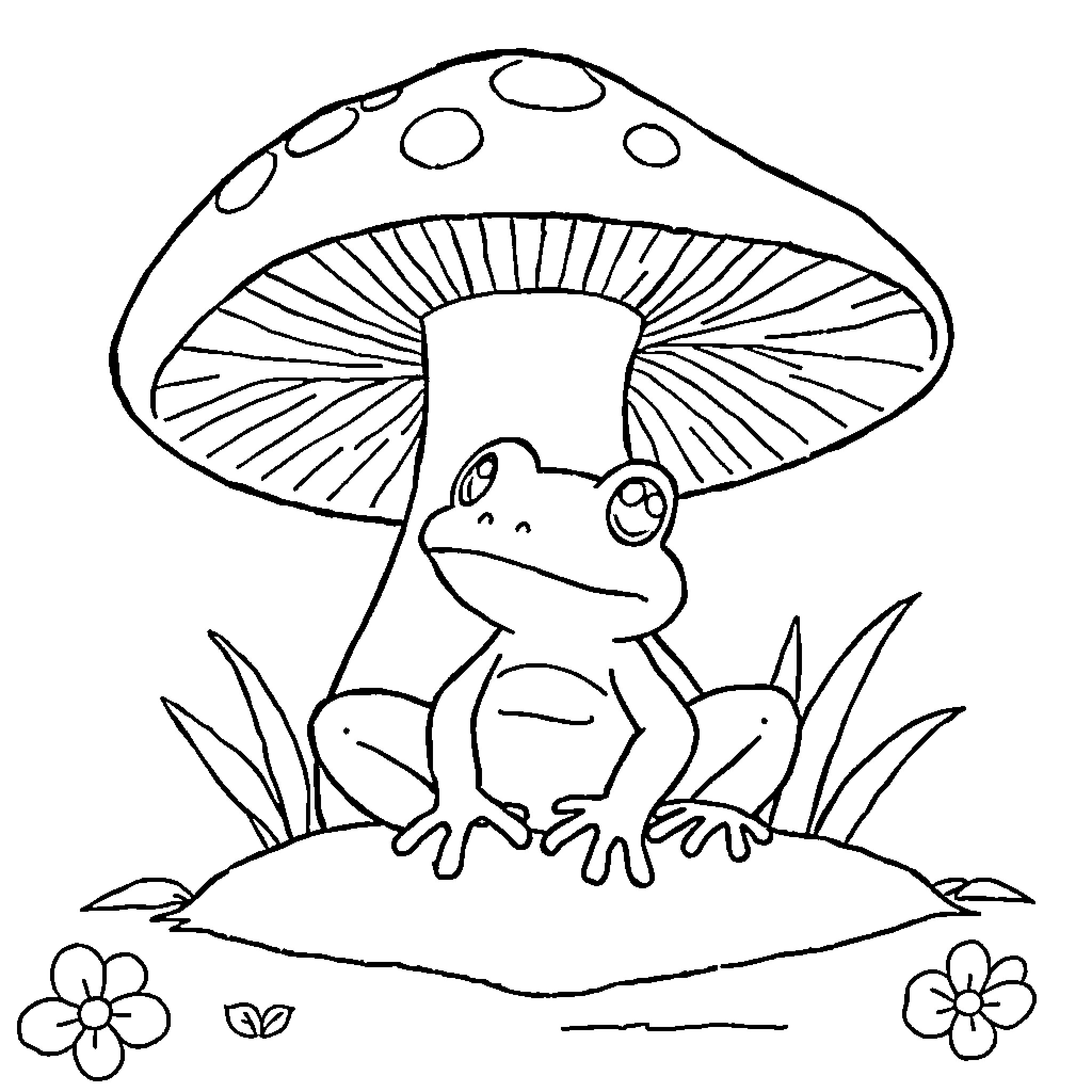 Frog resting under a mushroom Coloring Page (free black-and-white line drawing printable PDF for all, from beginners to advanced learners, including children, teens, adults, and seniors)