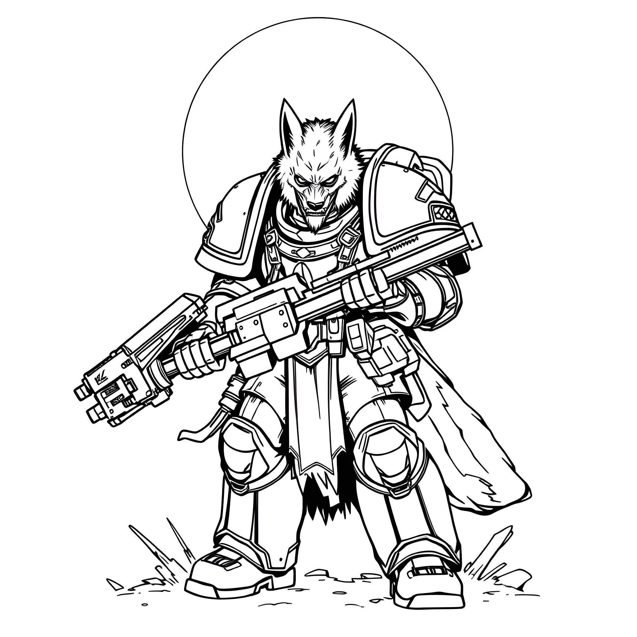 Wolf warrior in futuristic armored battle gear Coloring Page (free black-and-white line drawing printable PDF for all, from beginners to advanced learners, including children, teens, adults, and seniors)