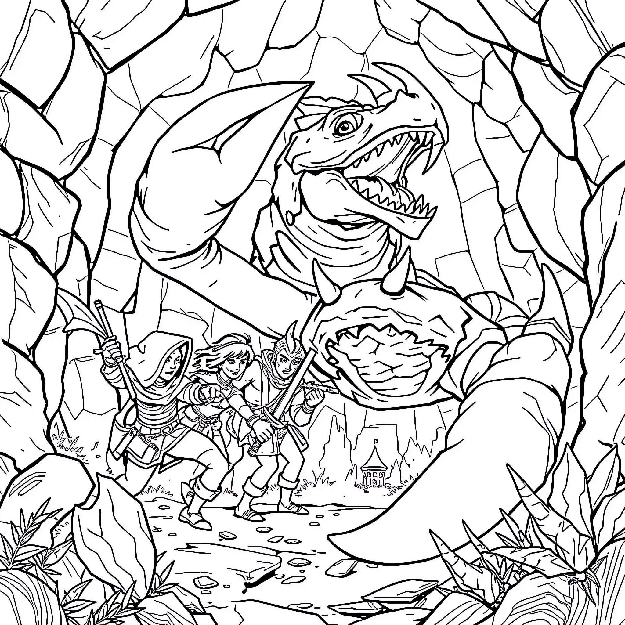 Aventurier's quest in a mystical, fantastical realm Coloring Page (free black-and-white line drawing printable PDF for all, from beginners to advanced learners, including children, teens, adults, and seniors)