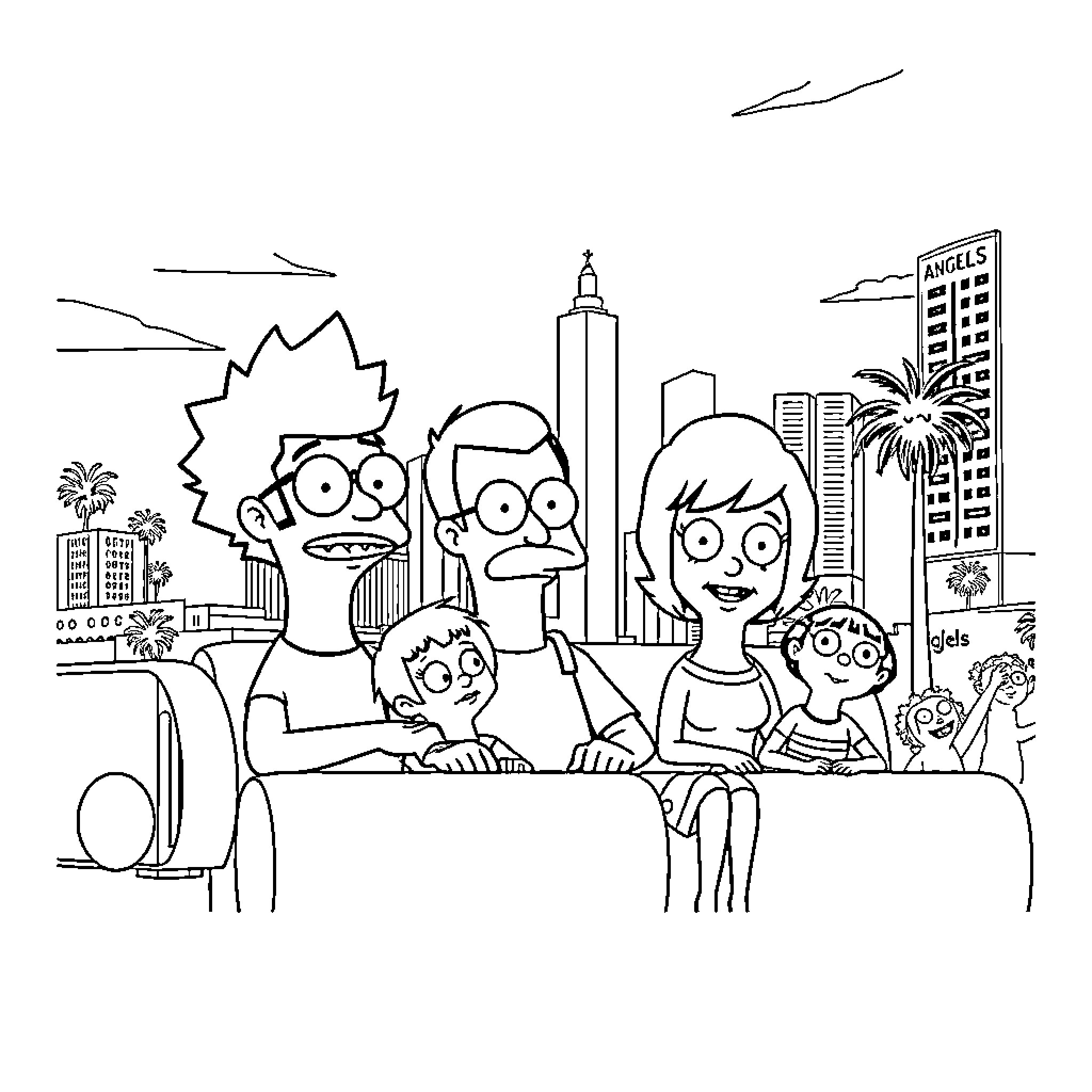 Bob's Burgers Family Enjoying the City Skyline Coloring Page (free black-and-white line drawing printable PDF for all, from beginners to advanced learners, including children, teens, adults, and seniors)