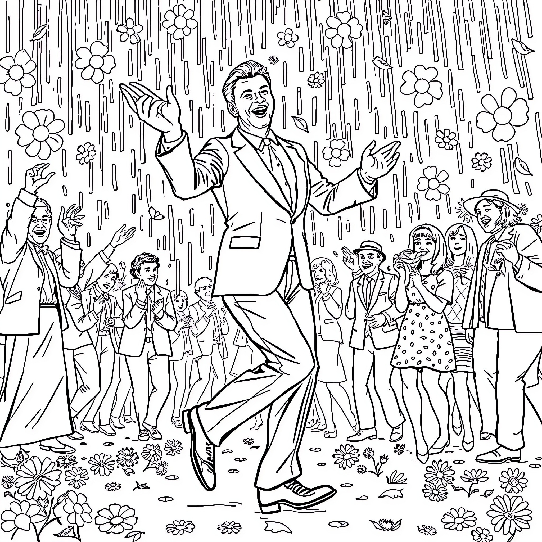 Dancer celebrates with joyous crowd surrounded by flowers Coloring Page (free black-and-white line drawing printable PDF for all, from beginners to advanced learners, including children, teens, adults, and seniors)
