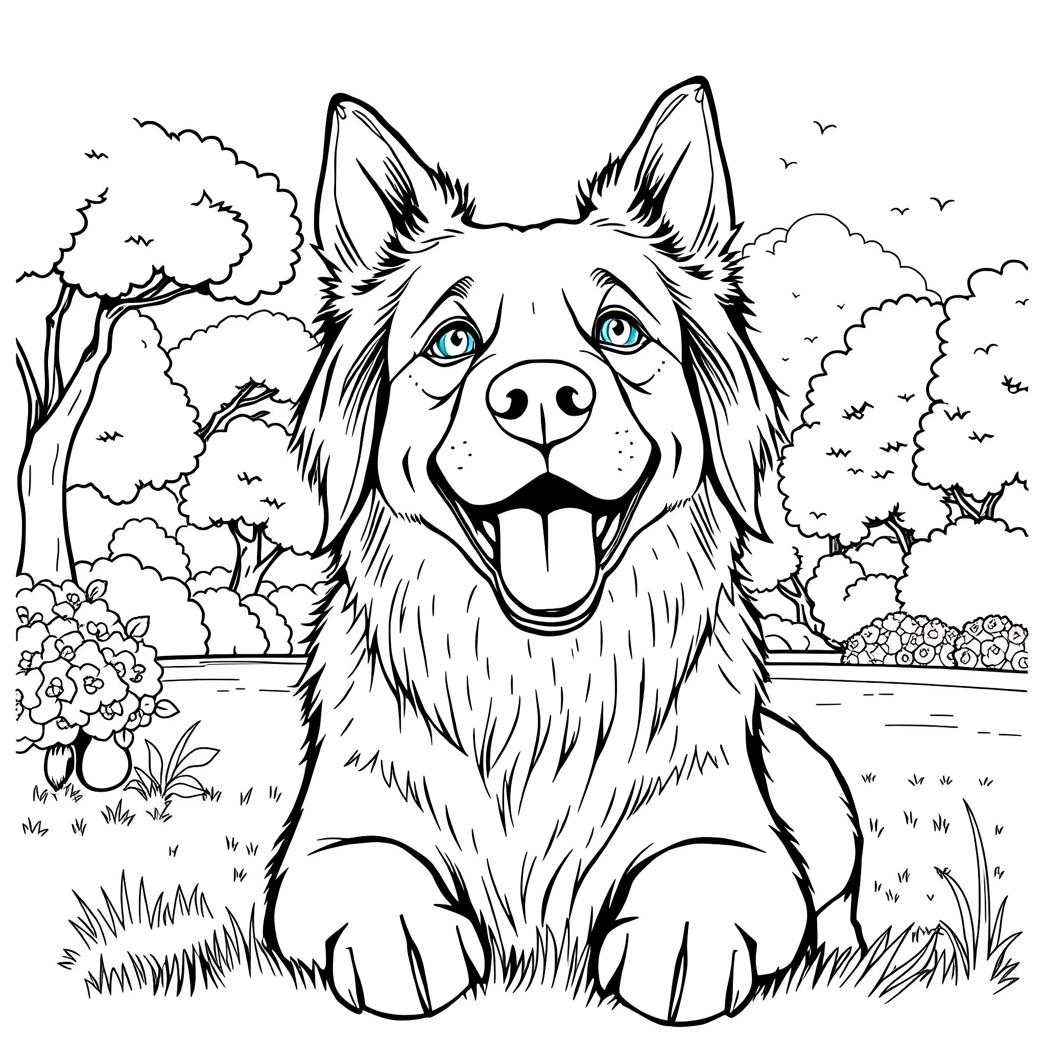 Golden Retriever Enjoying the Outdoors Coloring Page (free black-and-white line drawing printable PDF for all, from beginners to advanced learners, including children, teens, adults, and seniors)