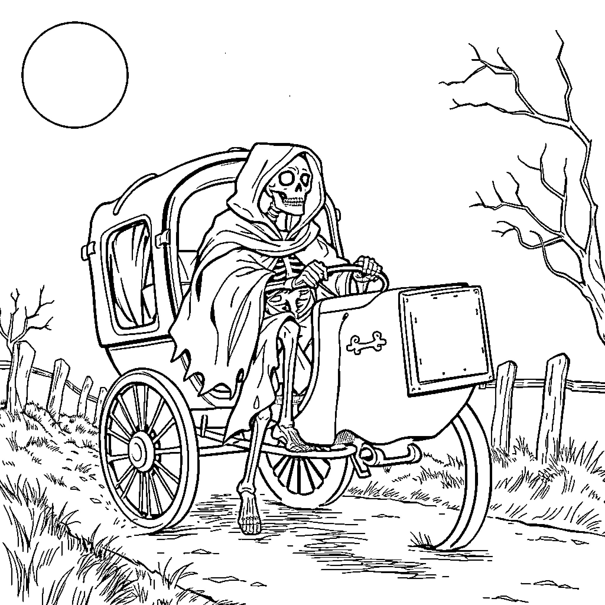 Skeleton Coachman Travels by Carriage in Moonlight Coloring Page (free black-and-white line drawing printable PDF for all, from beginners to advanced learners, including children, teens, adults, and seniors)