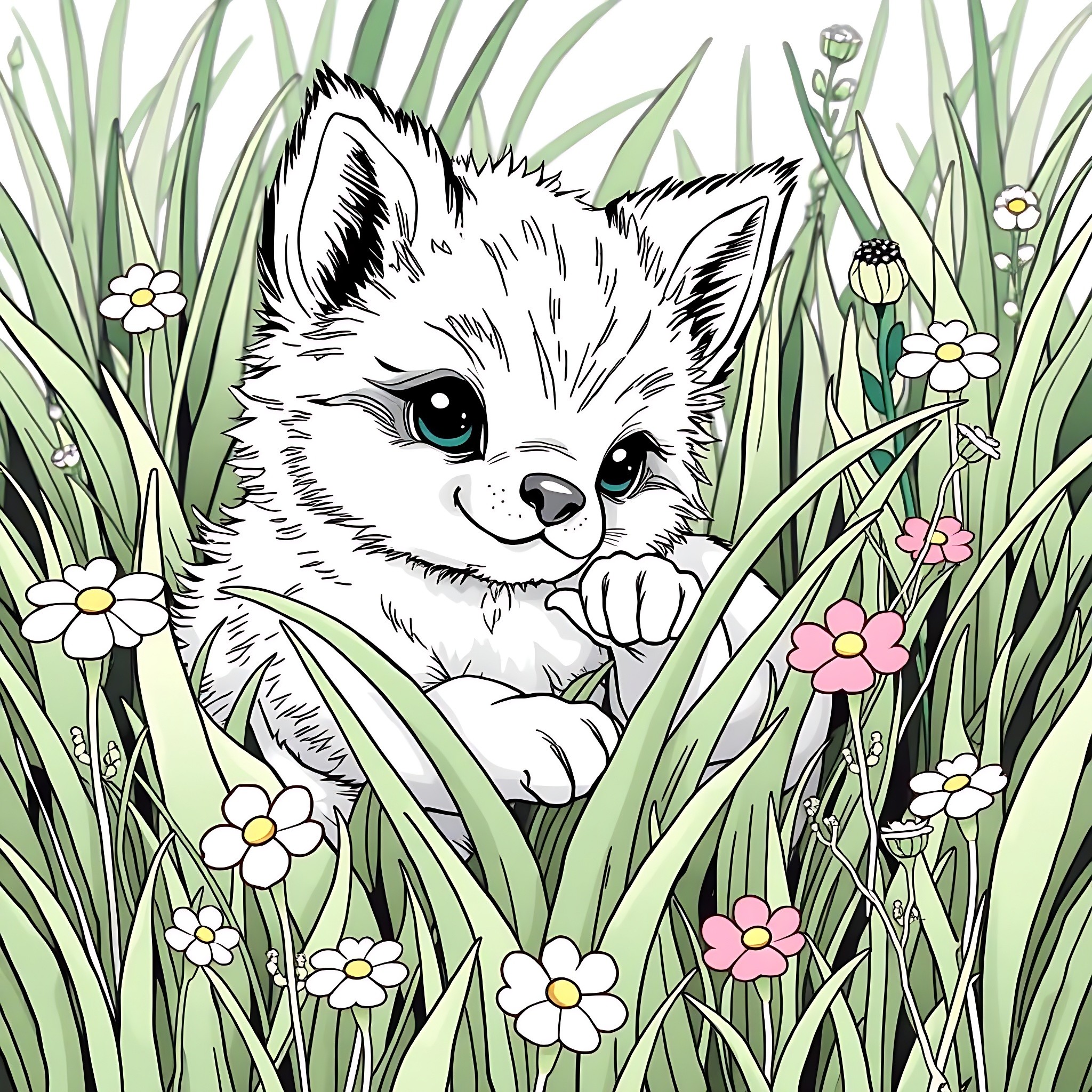 Ziesel's Playful Hideout in the Flower Garden Coloring Page (free black-and-white line drawing printable PDF for all, from beginners to advanced learners, including children, teens, adults, and seniors)