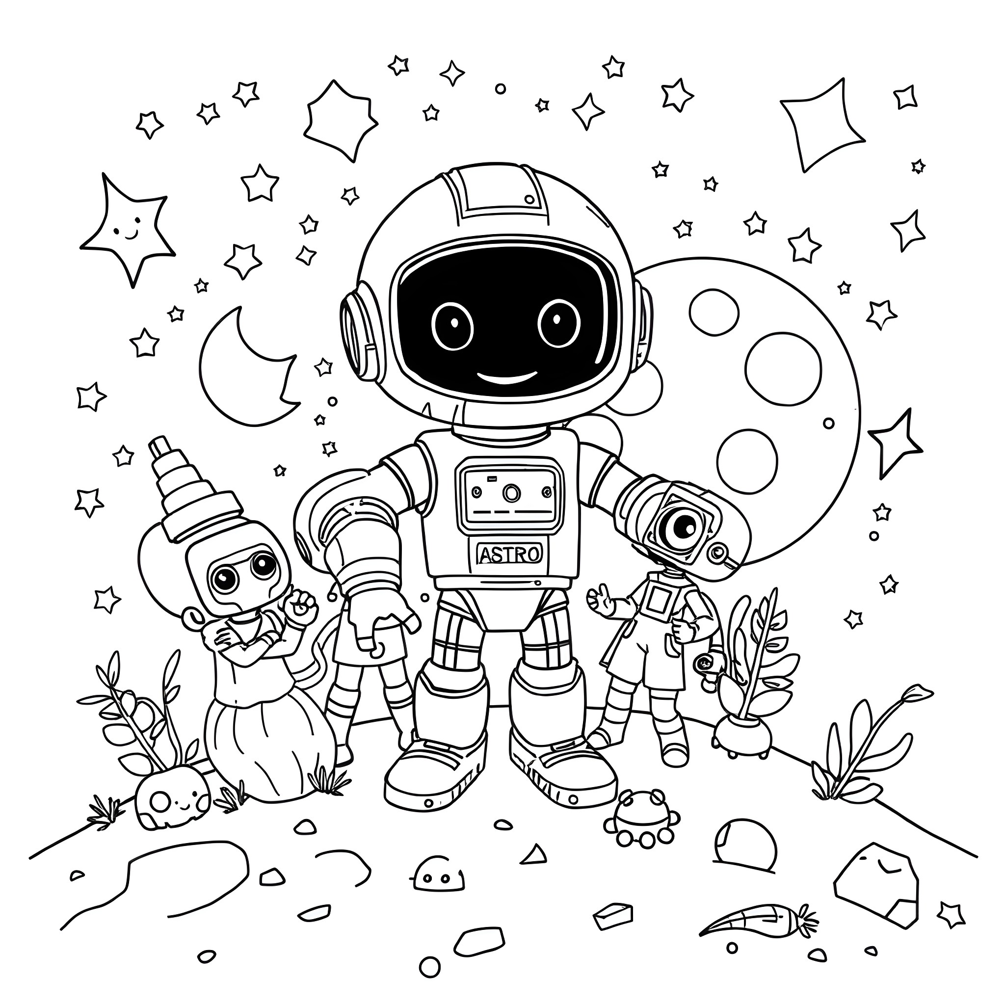 Astro Bot and Friends Exploring the Cosmos Coloring Page (free black-and-white line drawing printable PDF for all, from beginners to advanced learners, including children, teens, adults, and seniors)