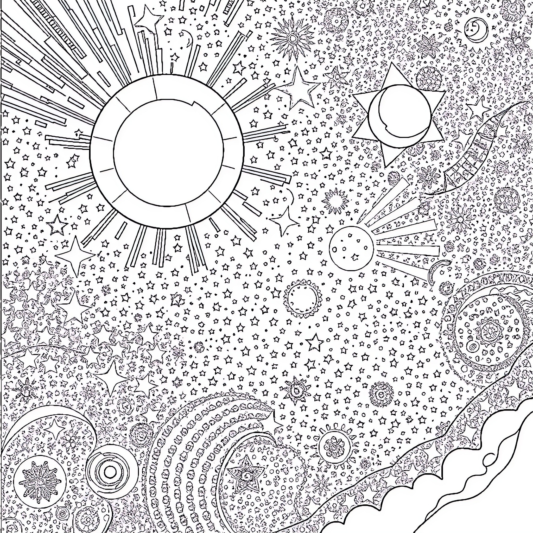 Space-themed doodle pattern with cosmic elements Coloring Page (free black-and-white line drawing printable PDF for all, from beginners to advanced learners, including children, teens, adults, and seniors)