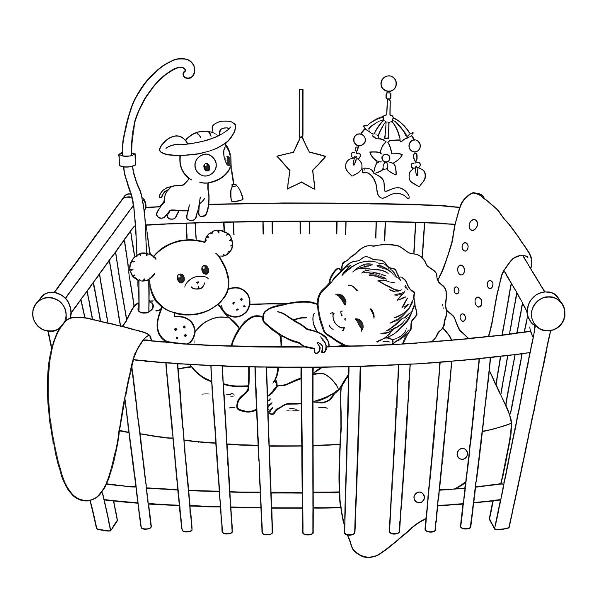 Baby sleeping peacefully in crib with toys Coloring Page (free black-and-white line drawing printable PDF for all, from beginners to advanced learners, including children, teens, adults, and seniors)