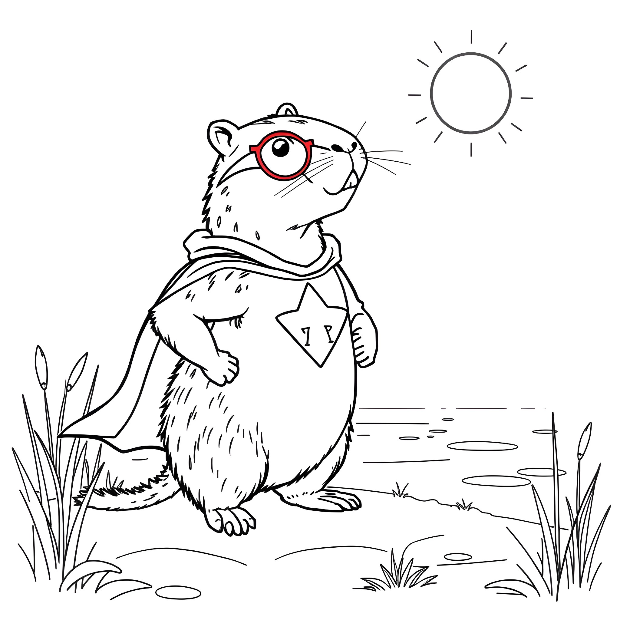 Capybara exploring in the sun Coloring Page (free black-and-white line drawing printable PDF for all, from beginners to advanced learners, including children, teens, adults, and seniors)