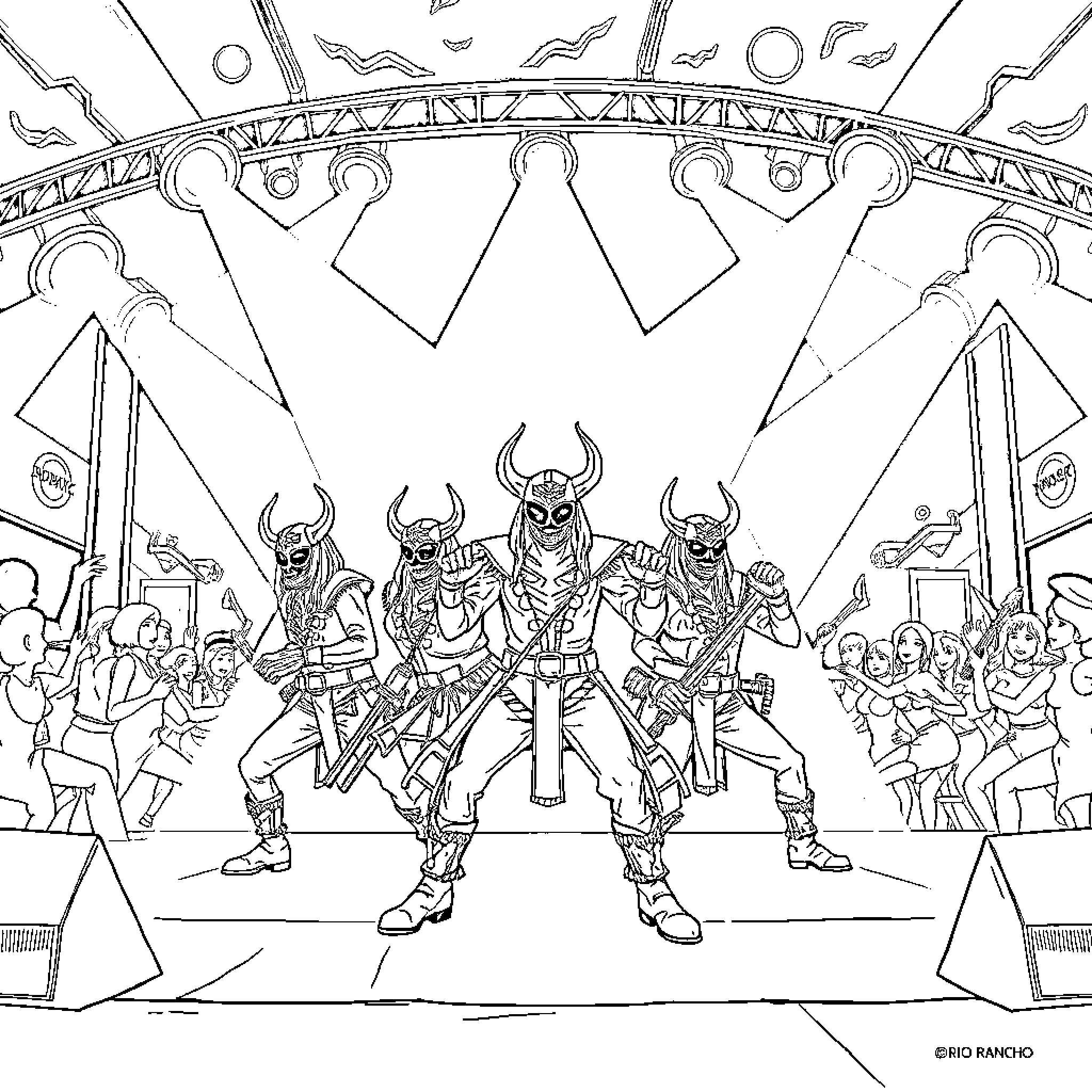 Demon Hunter's Triumphant Performance on Stage Coloring Page (free black-and-white line drawing printable PDF for all, from beginners to advanced learners, including children, teens, adults, and seniors)