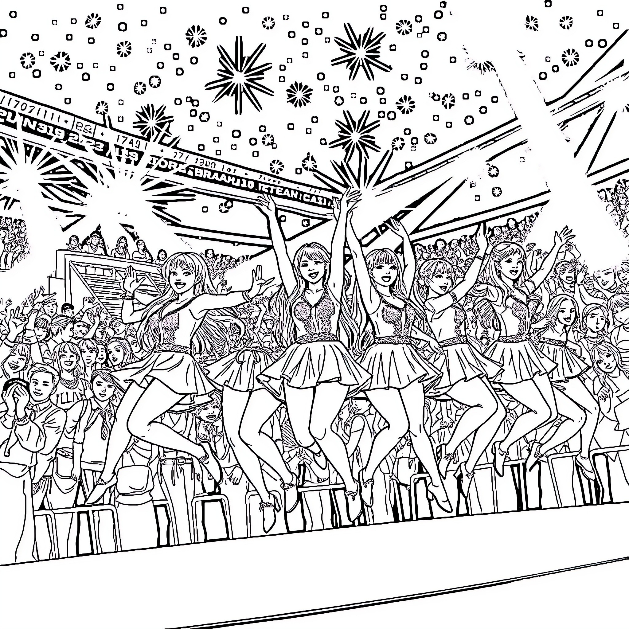 Blackpink's Electrifying Performance on Stage Coloring Page (free black-and-white line drawing printable PDF for all, from beginners to advanced learners, including children, teens, adults, and seniors)