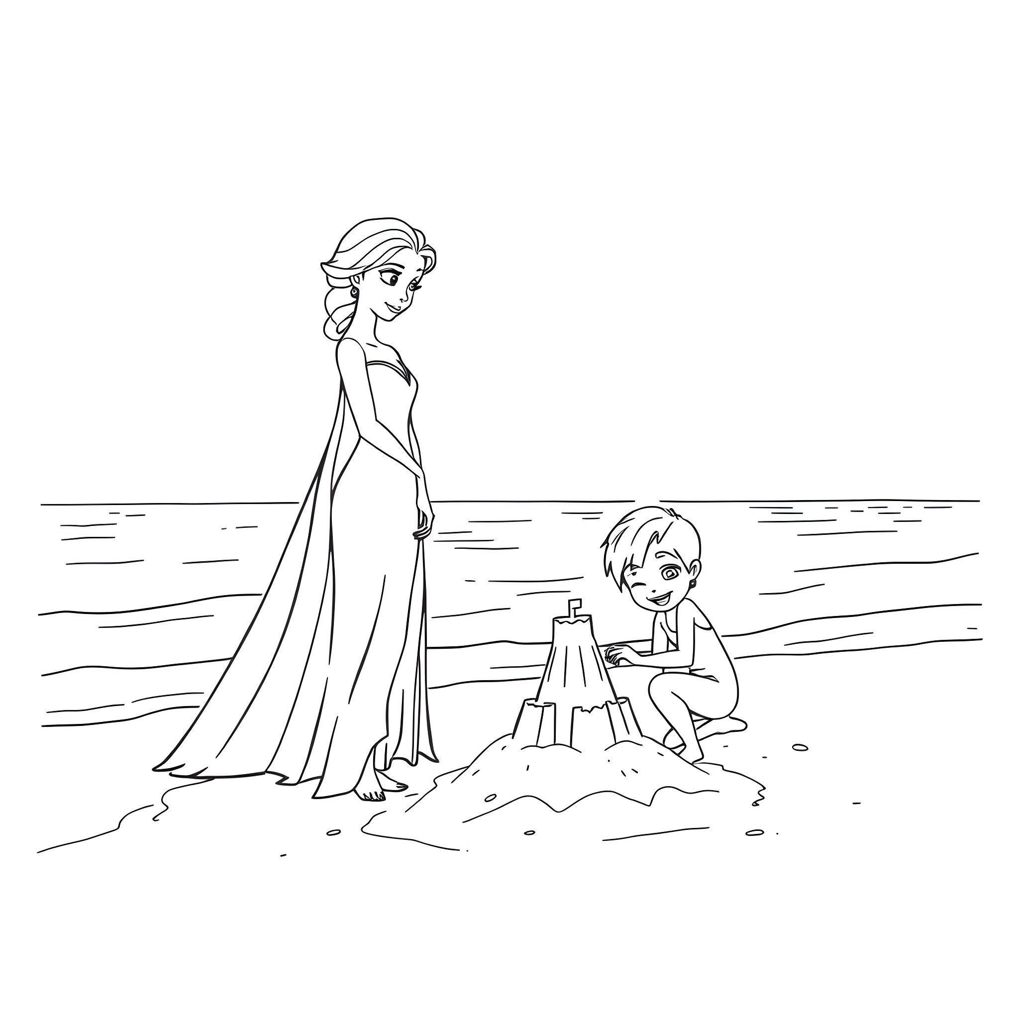 Elsa and Anna building a sandcastle on the beach Coloring Page (free black-and-white line drawing printable PDF for all, from beginners to advanced learners, including children, teens, adults, and seniors)