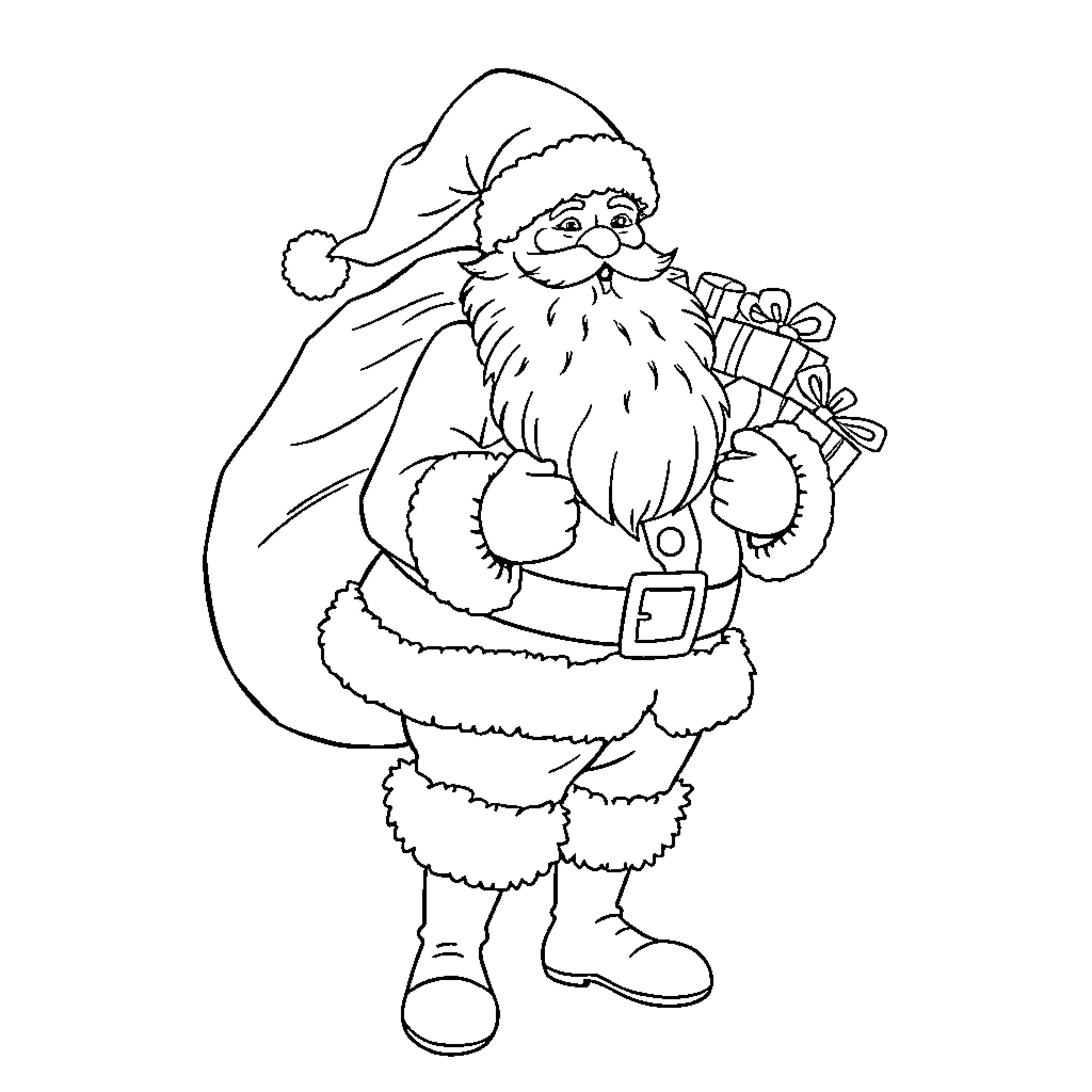 Santa Claus delivering presents with a sack Coloring Page (free black-and-white line drawing printable PDF for all, from beginners to advanced learners, including children, teens, adults, and seniors)