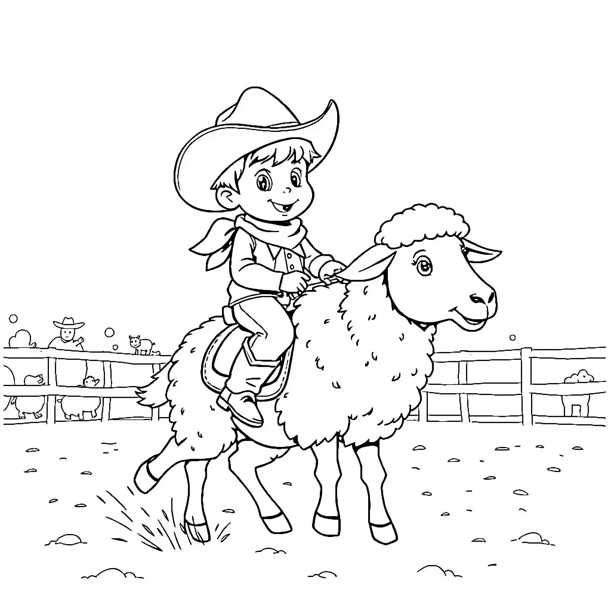 Cowboy riding a playful sheep on the farm Coloring Page (free black-and-white line drawing printable PDF for all, from beginners to advanced learners, including children, teens, adults, and seniors)