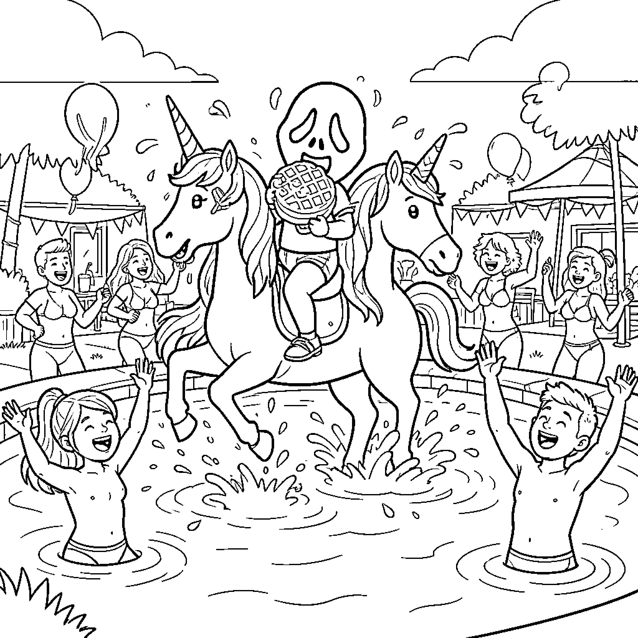 Ghostface Appears at the Carnival of Delights Coloring Page (free black-and-white line drawing printable PDF for all, from beginners to advanced learners, including children, teens, adults, and seniors)