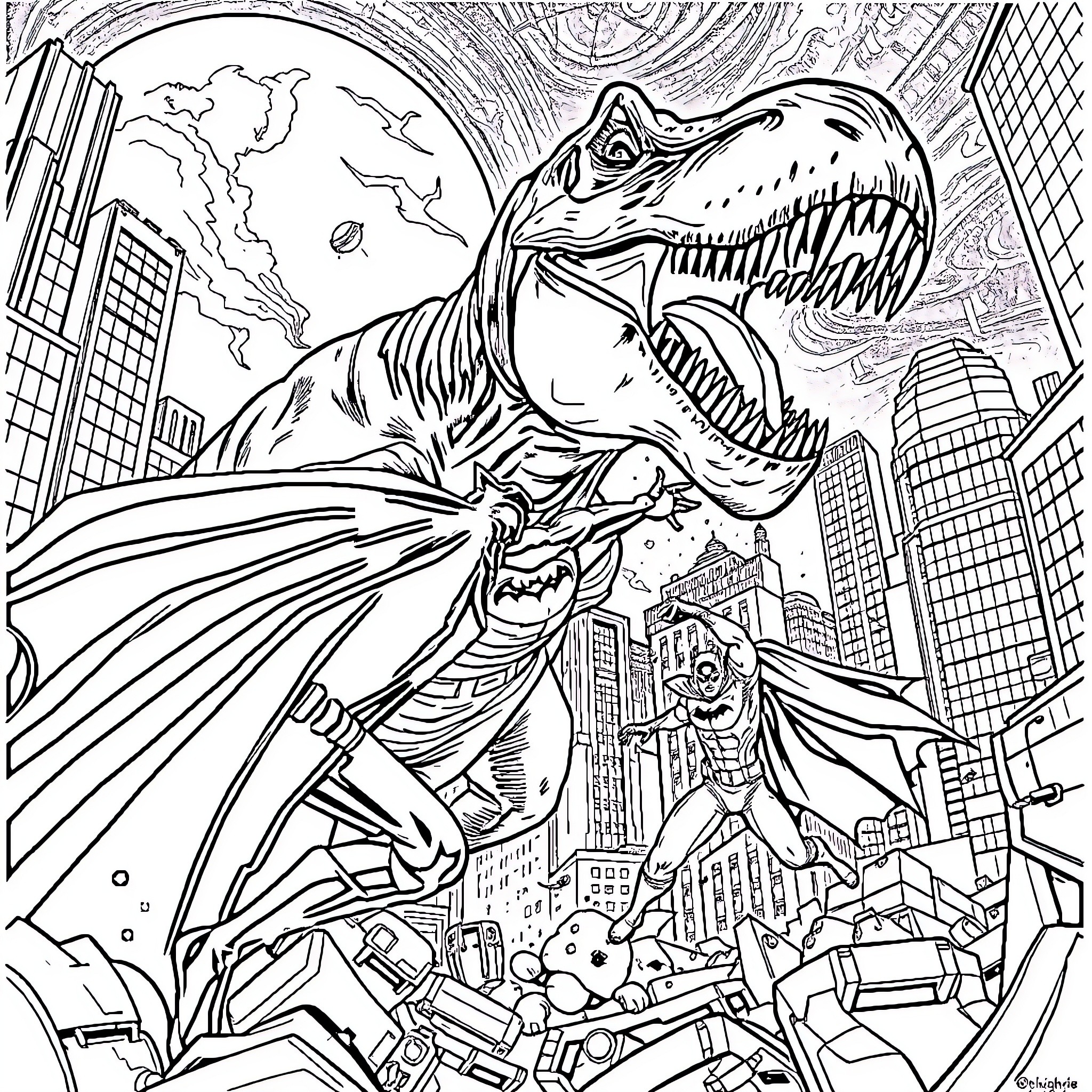 Dinosaur Wreaking Havoc in the City Coloring Page (free black-and-white line drawing printable PDF for all, from beginners to advanced learners, including children, teens, adults, and seniors)