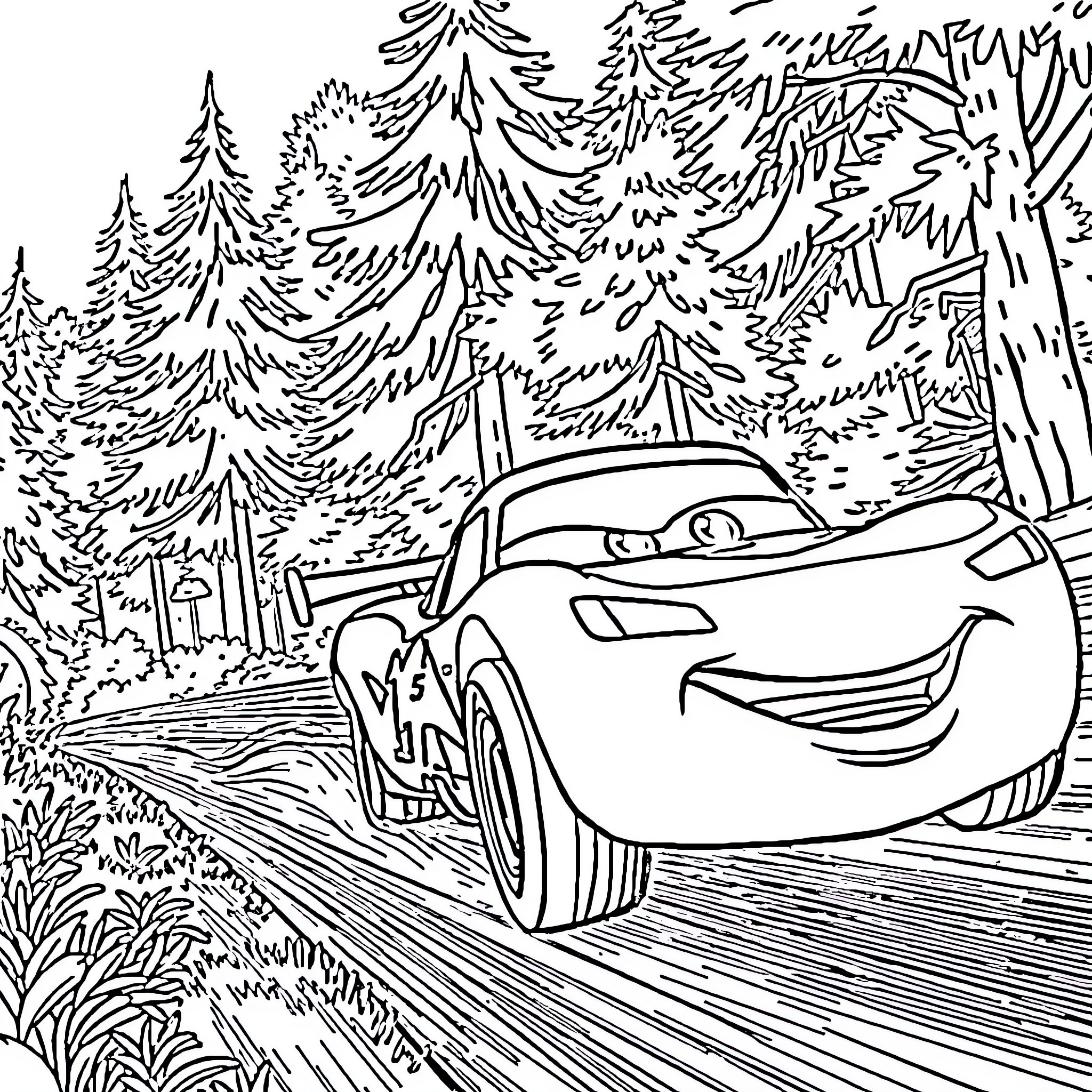 Lightning McQueen racing through the forest Coloring Page (free black-and-white line drawing printable PDF for all, from beginners to advanced learners, including children, teens, adults, and seniors)